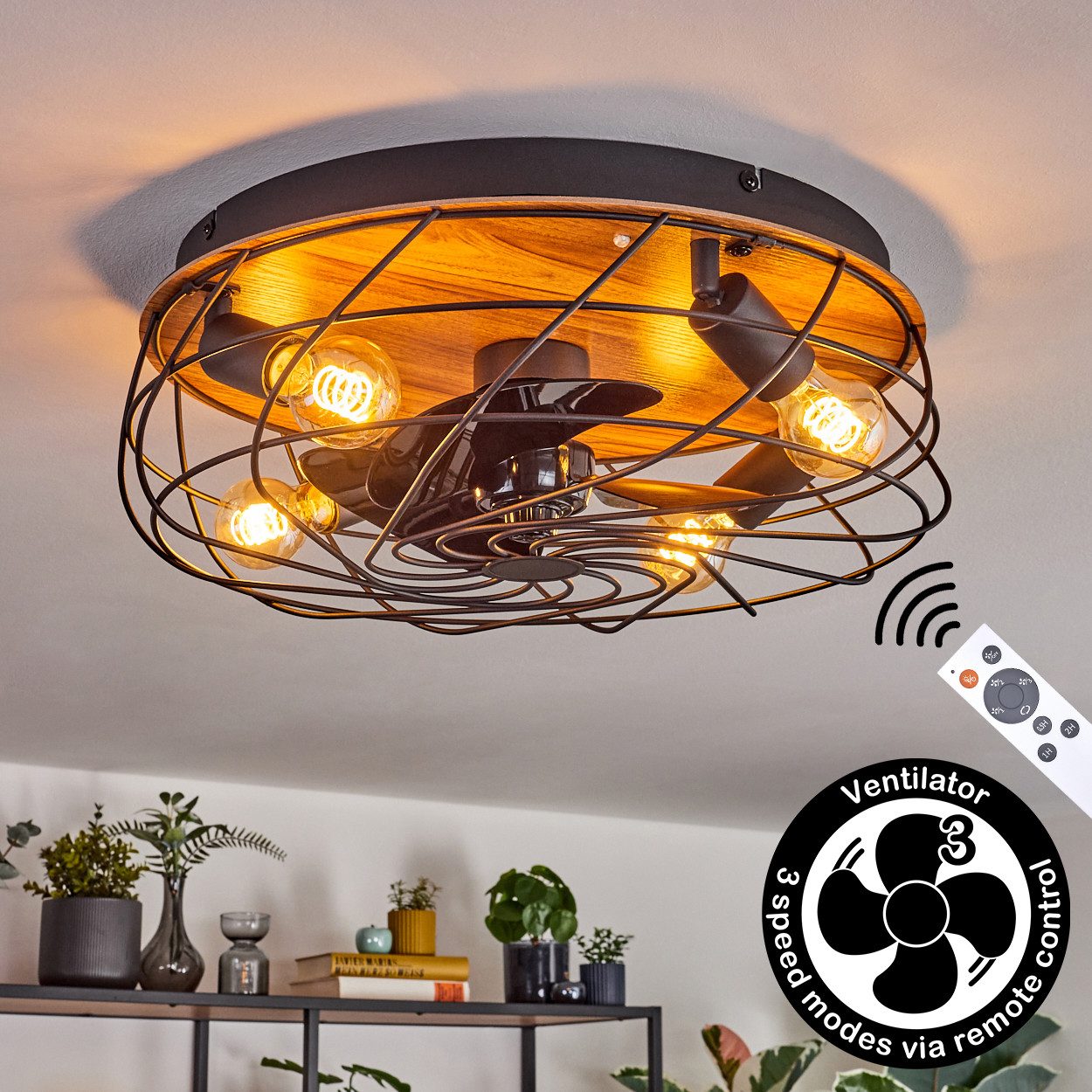 hofstein Deckenventilator Ventilator aus Metall/MDF in Schwarz/Holzoptik in Gitter-Optik, Deckenleuchte im Retro/Vintage-Design, Lichteffekt u. Fernbedienung