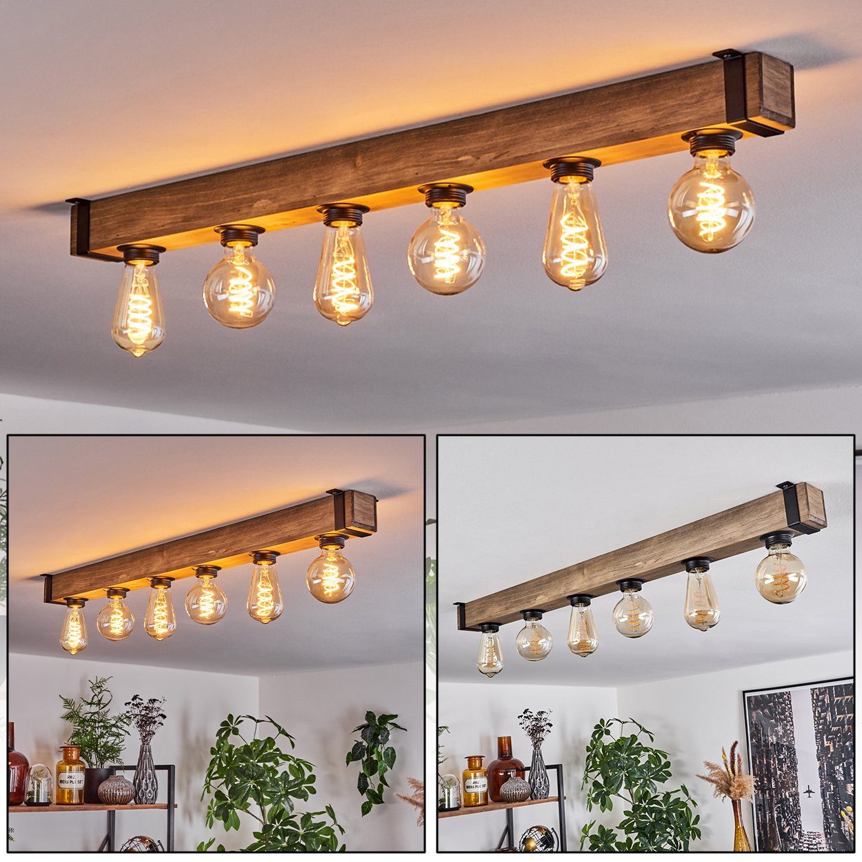 hofstein Deckenleuchte moderne Deckenlampe aus Metall/Holz in  Schwarz/Natur, ohne Leuchtmittel, im Industrial-Style, Retro/Vintage mit  Holzbalken, 6x