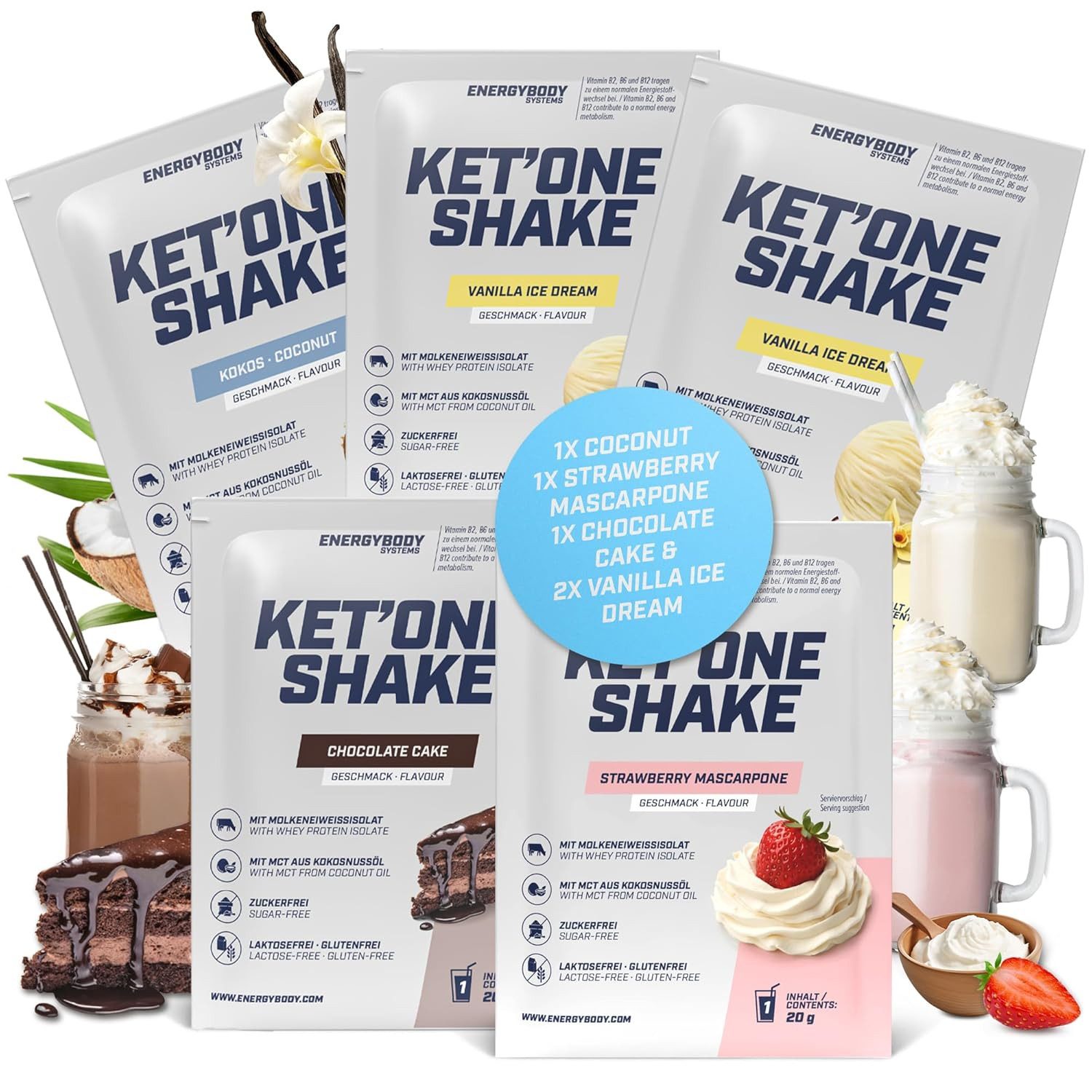 Energybody Systems KET'ONE Keto Shake mit MCT und Whey Protein Isolat Portionsbeutel, 5 er, zuckerarm, für ketogene Ernährung