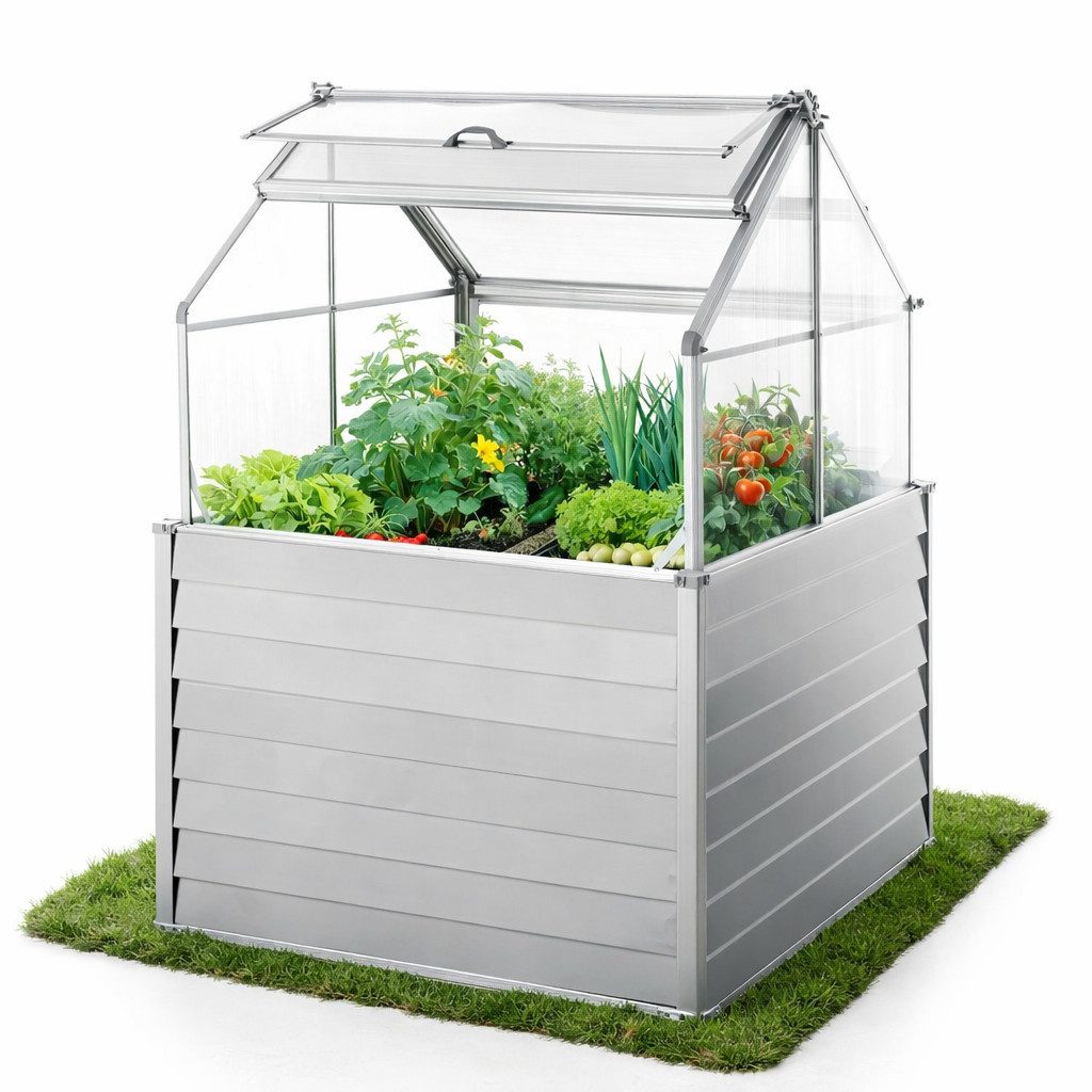 Powertec Garden Hochbeet mit Dach Anzuchtbeet Pflanzbeet Metall Frühbeet Gemüsebeet Gewächshaus, Pflanzschalen mit Drainage, Alu & Stahl galvanisiert