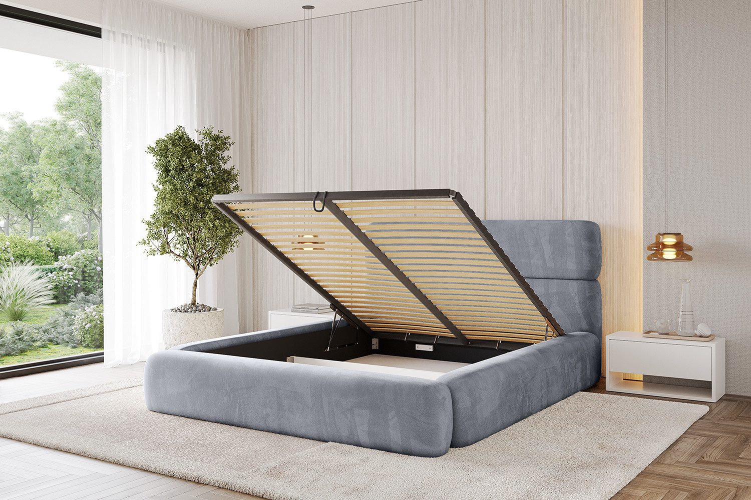 ALTDECOR Polsterbett ENORA (Polsterbett mit Bettkasten und Lattenrost, Boxbett ohne Matratze), Doppelbett mit Stauraum, Bett mit Kopfteil