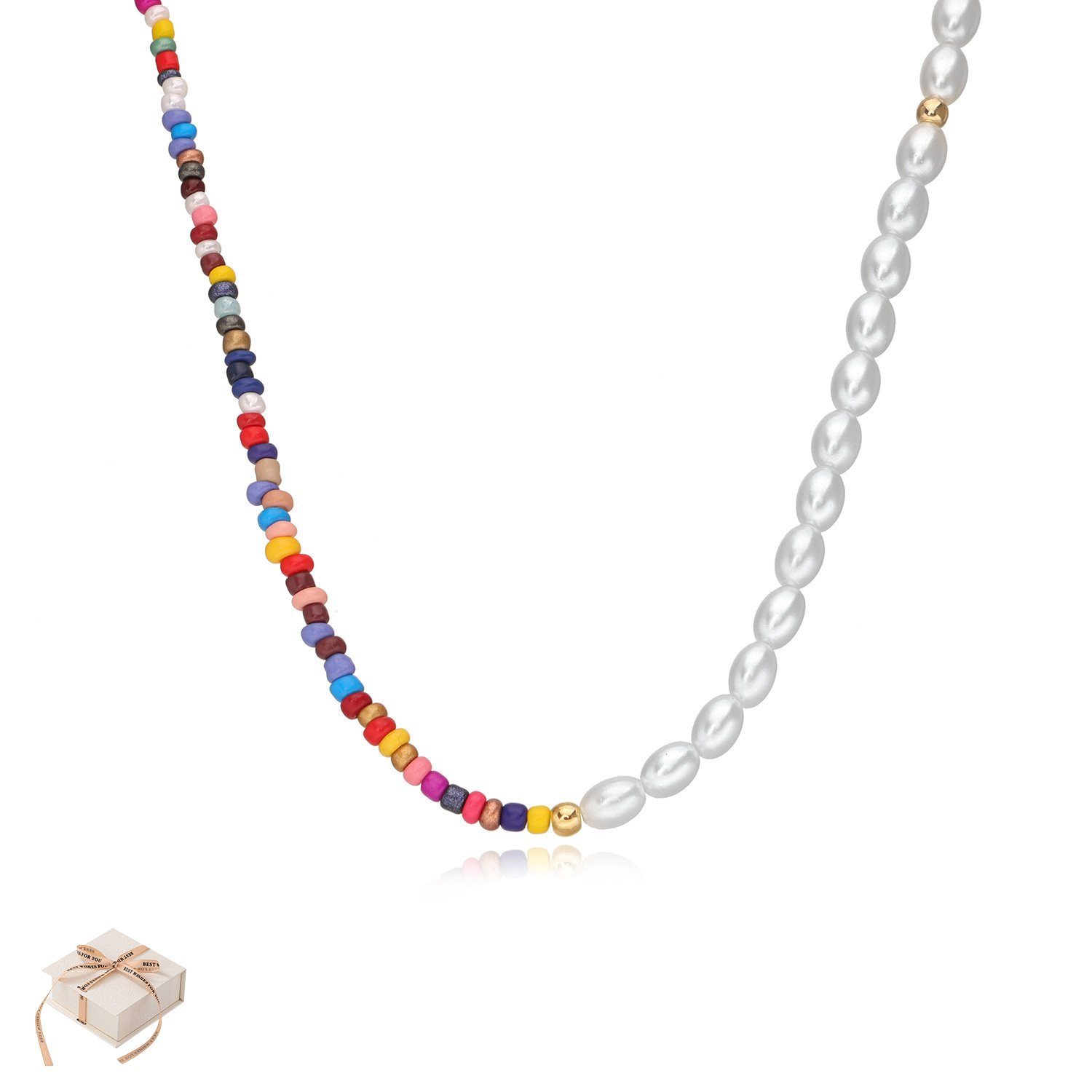 Invanter Lange Kette Perlen-Reisperlen-Boho-Halskette für Frauen, handgewebt Gold