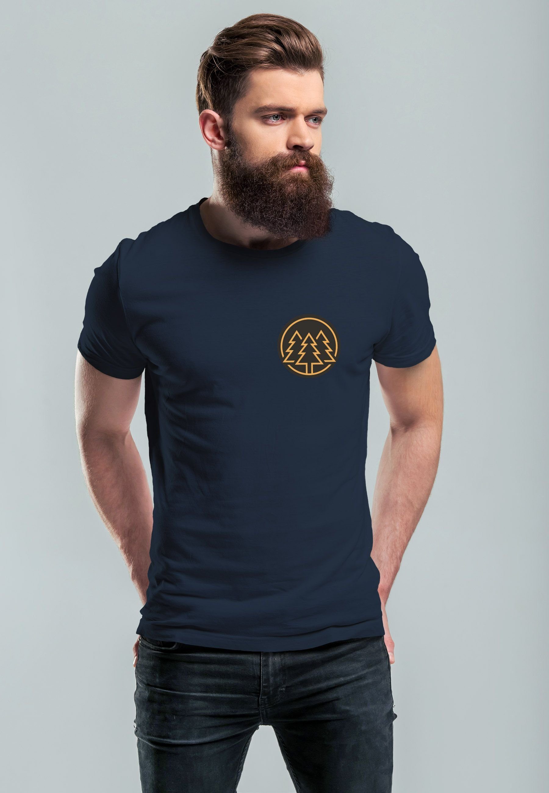 Neverless Print-Shirt Wandern T-Shirt Str mit Fashion Wald Motiv Print Logo Print navy Herren Bäume Outdoor