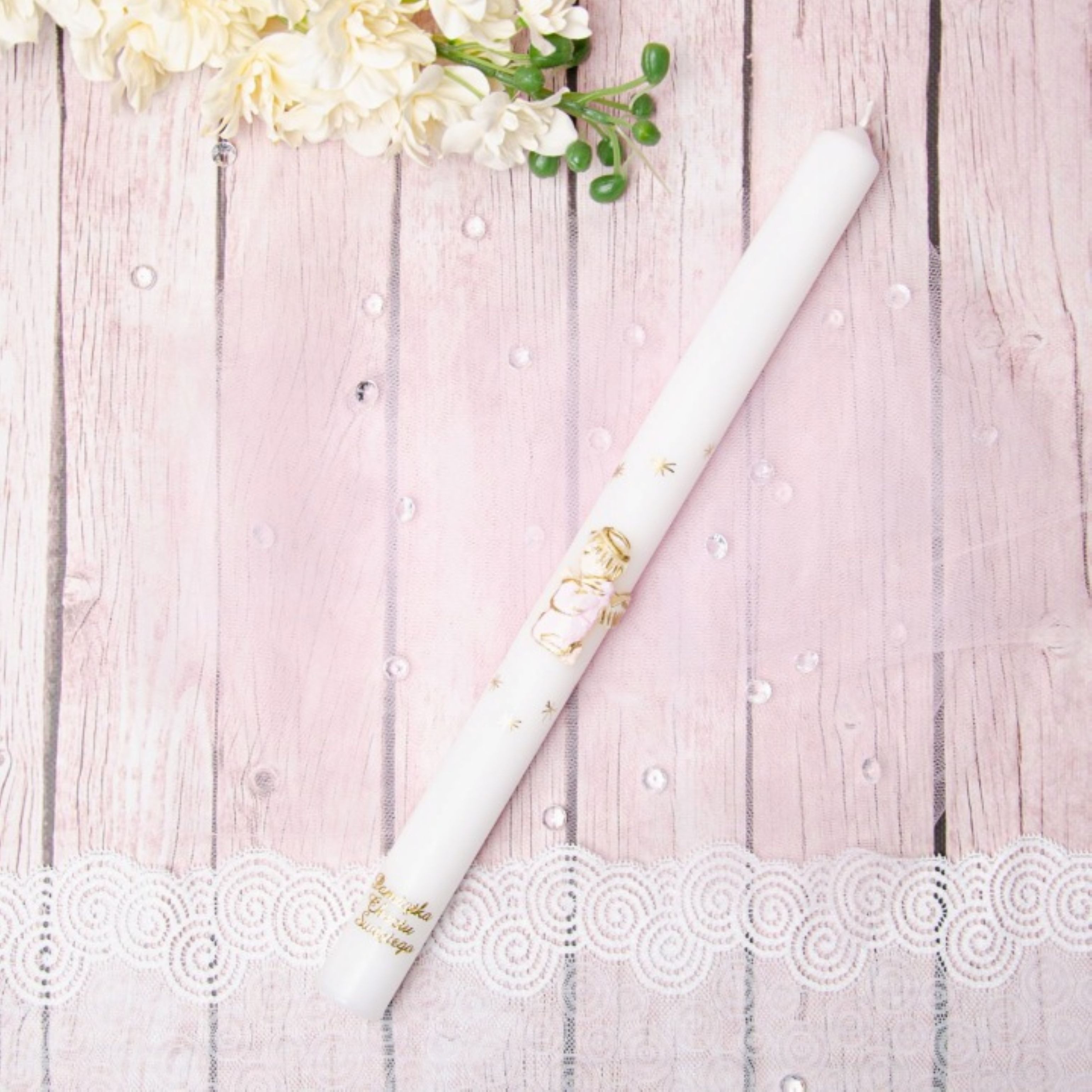 Festivalartikel Taufkarte Taufkerze Mädchen Rosa Gold Engel 40cm Handdekoriert