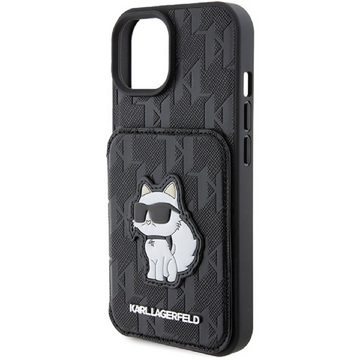 KARL LAGERFELD Handyhülle Case iPhone 15 aufstellbar Katze Kunstleder schwarz Logo 6,1 Zoll, Kantenschutz