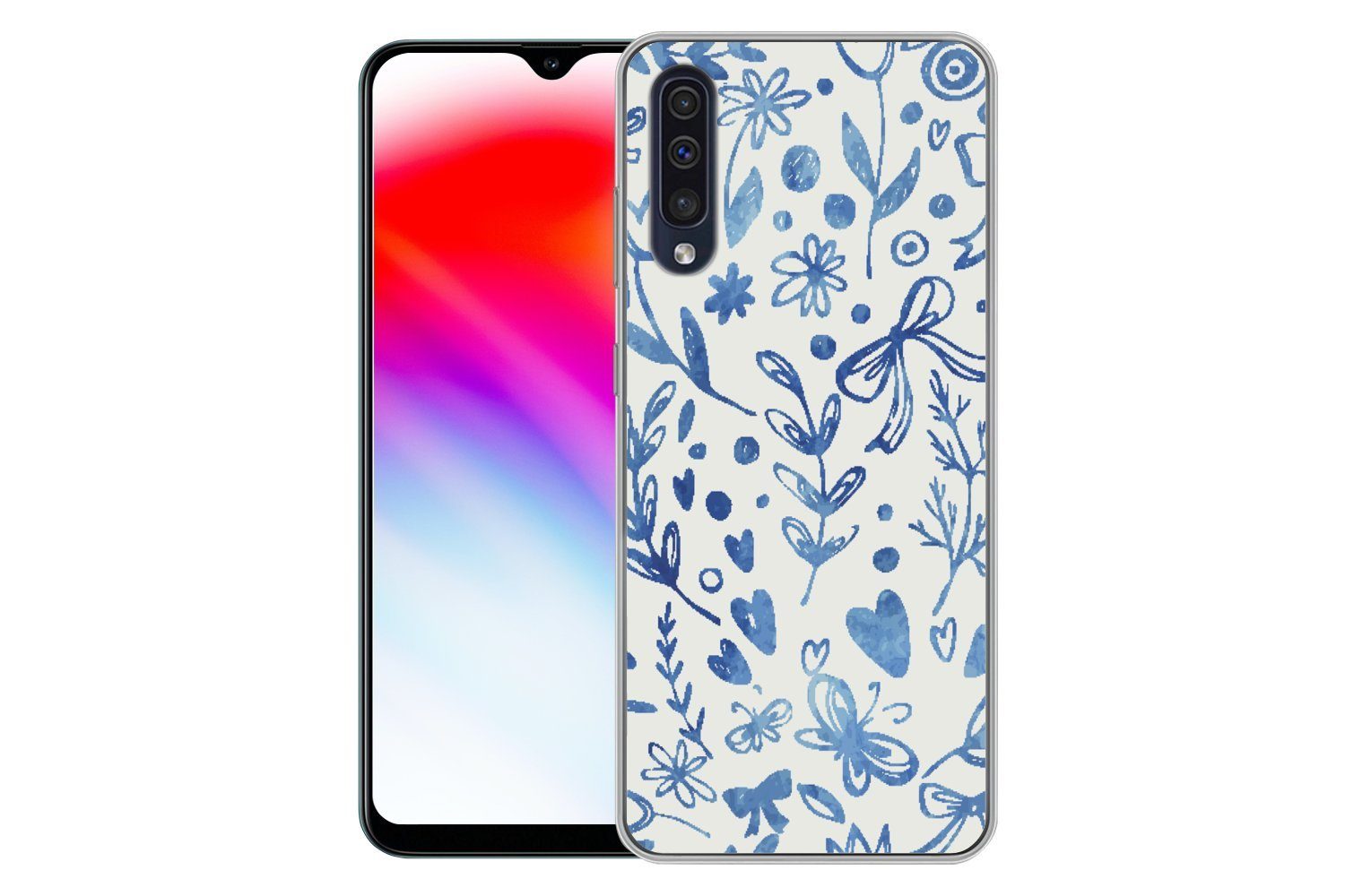 MuchoWow Handyhülle für Samsung Galaxy A30s Ein florales Muster in blauen Farben, Smartphone-Bumper, Print, Handy Schutzhülle Dünn
