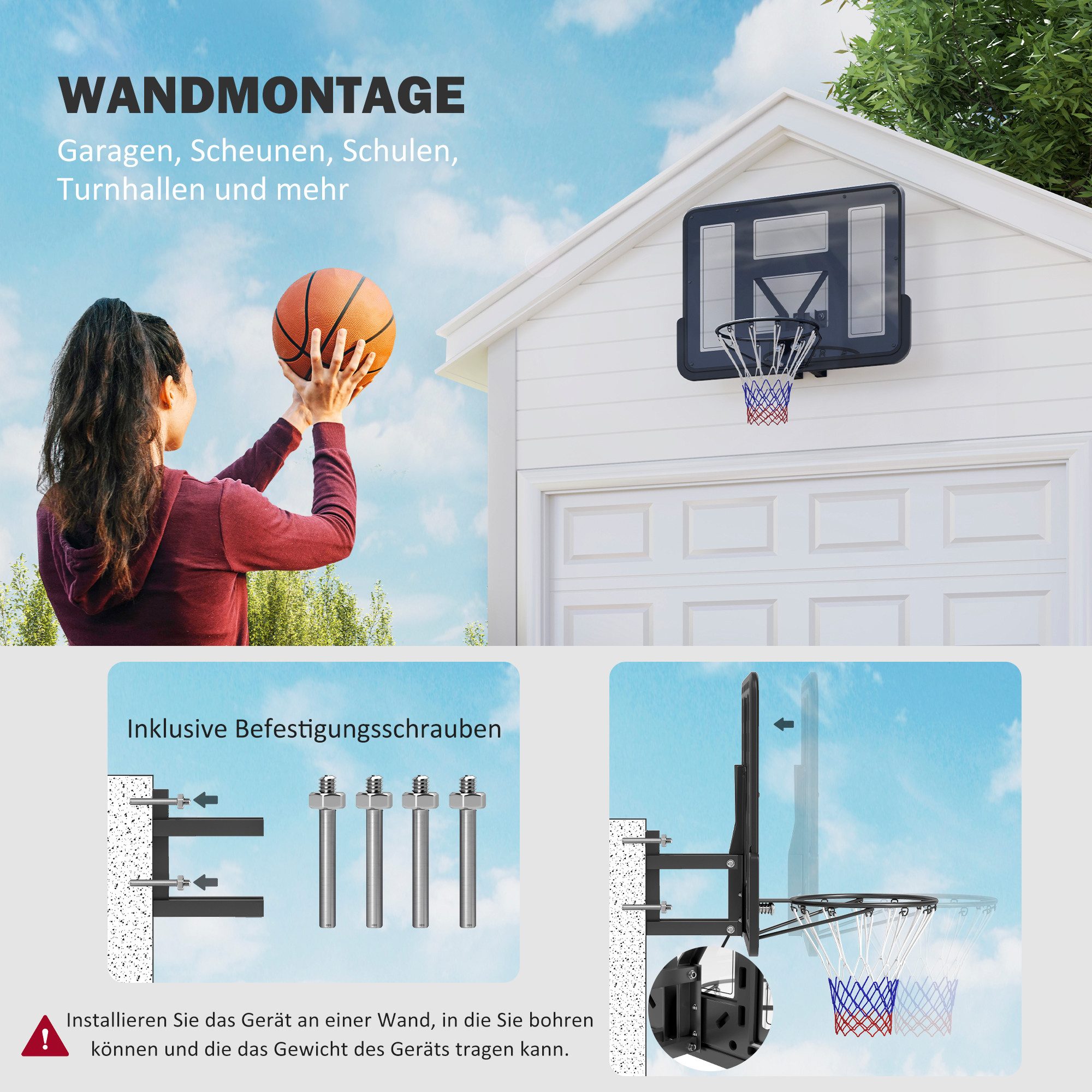 SPORTNOW Basketballständer Wandbefestigter (Basketballkorb, 1-St., Basketball Board), für Erwachsene, für Outdoor & Indoor, Schwarz