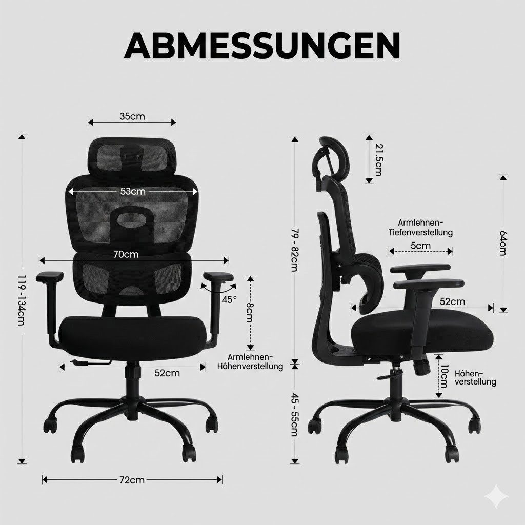 Musso Bürostuhl Schreibtischstuhl Drehstuhl Arbeitsstuhl mit Lendenwirbelstütze (1 St), 5D-Rückenlehne, 135° Neigbar, atmungsaktives Netz, ergonomisch