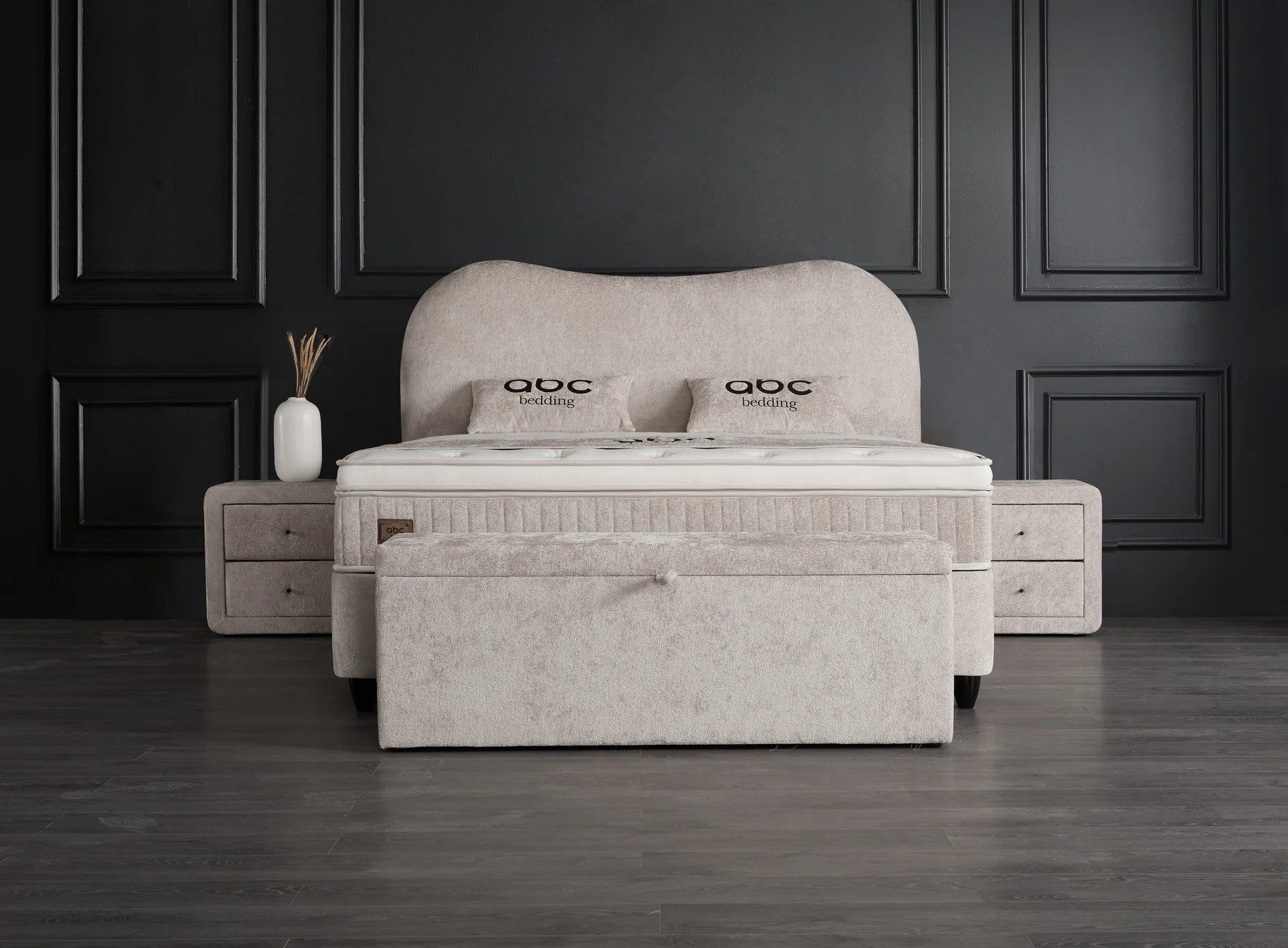 abc bedding Boxspringbett Komfortbett SOFIA mit Bouclé Teddy Stoff in Beige, Voll-orthopädisches Schlafsystem inklusive Bettkasten
