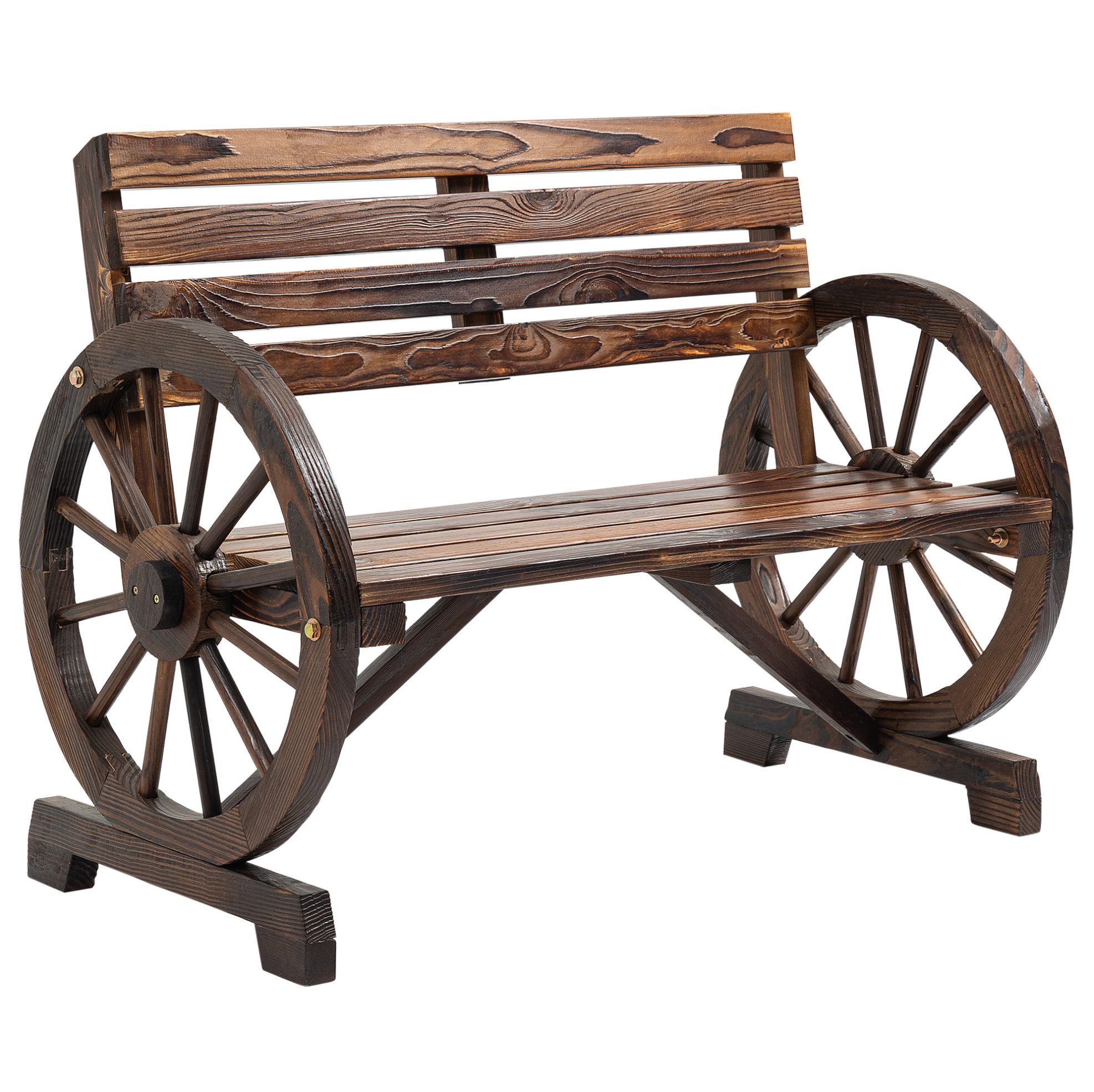 OKWISH Gartenbank Gartenstuhl 2-Sitzer 105,5x56x79 cm, Holzbank Tannenholz Braun (Packung, 1-St., Holzbank für Garten und Terrasse, stabile Zweisitzer Sitzbank), Landhausstil Sitzbank mit Wagenrad-Armlehnen, Outdoor Gartenmöbel