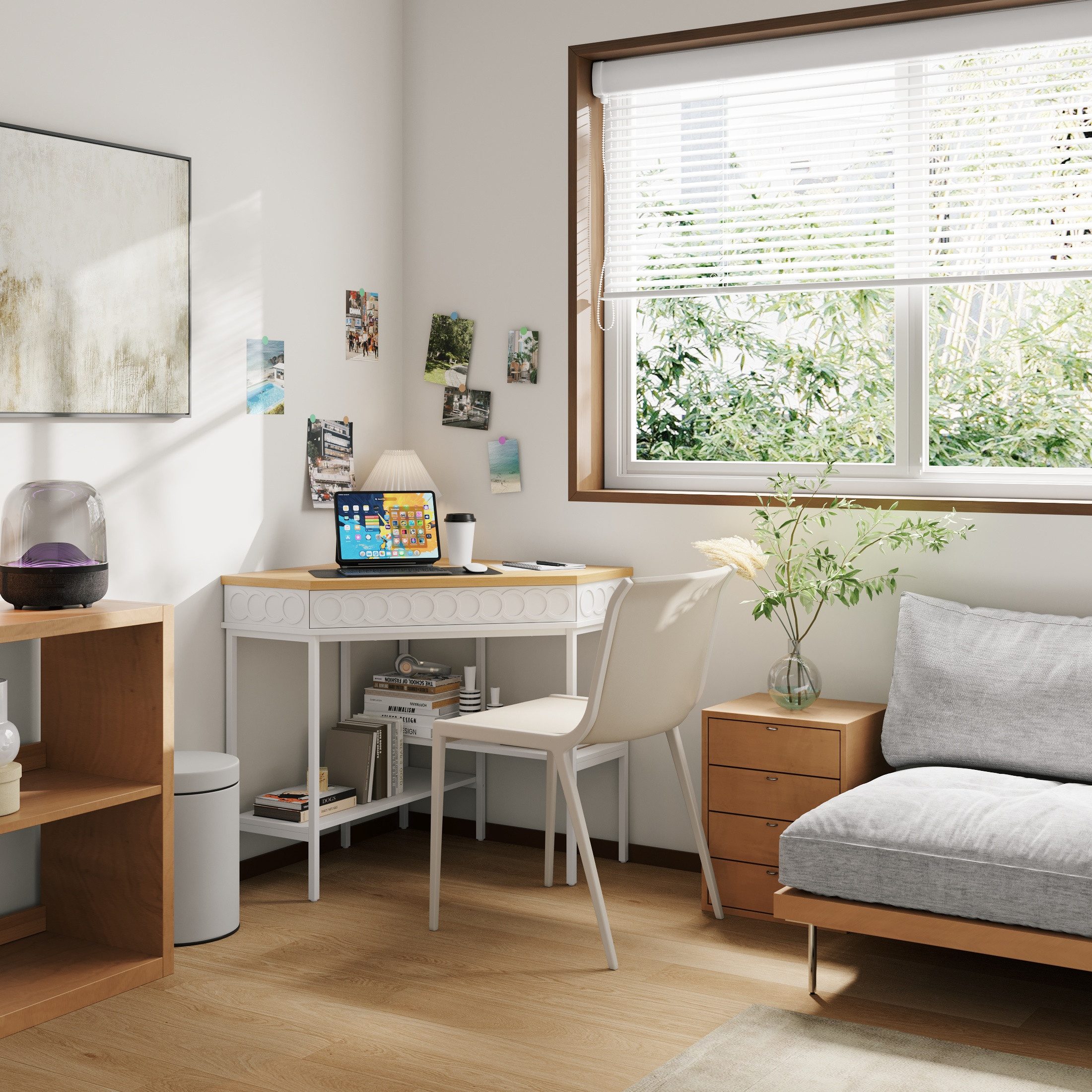 FUFU&GAGA Schreibtisch 80-160cm Computertisch Homeoffice, Weiß & Holz, LED – Bild 2 von 5