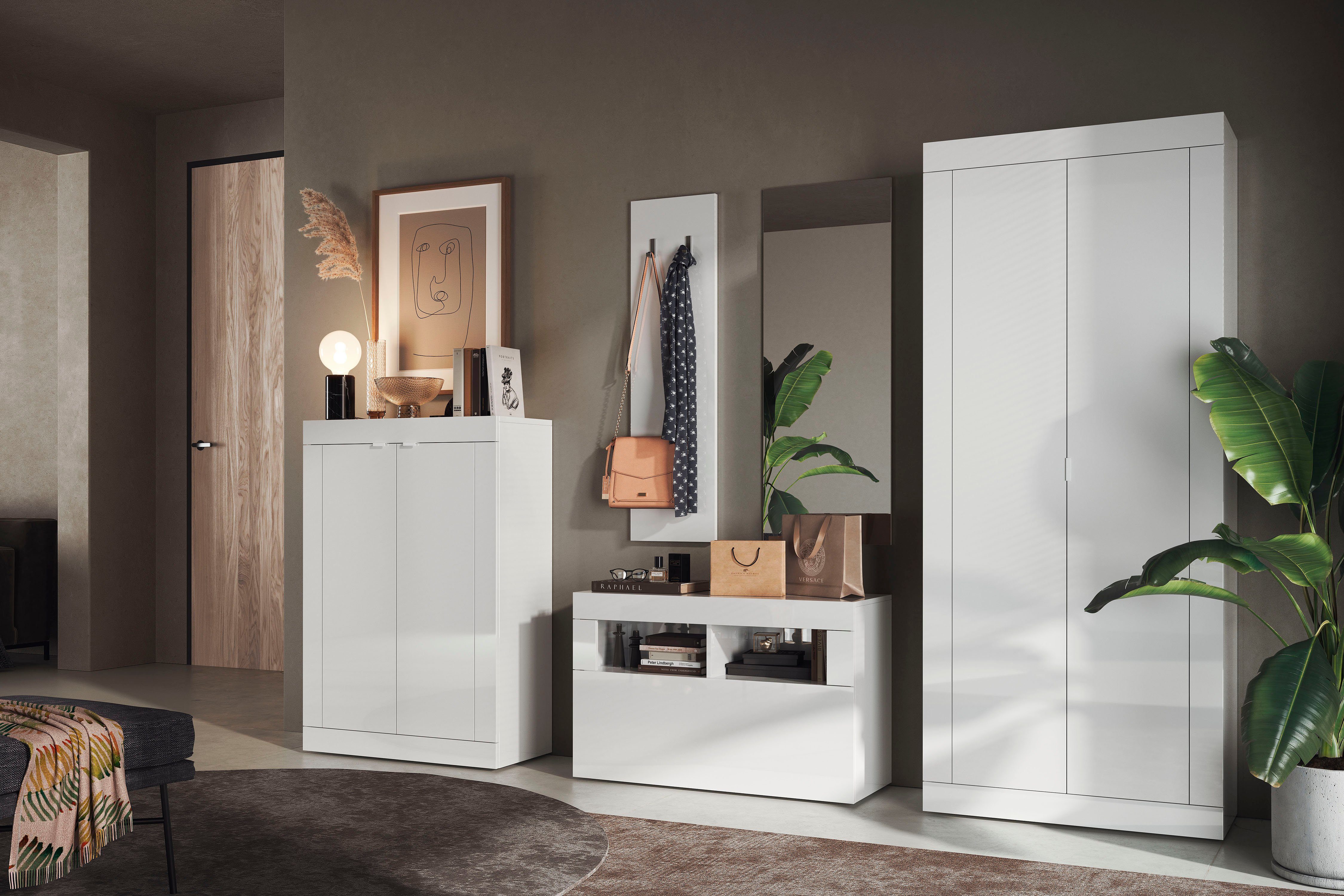 Home affaire Garderoben-Set Basic 3tlg. Breite 91 cm, Höhe 187 cm, Wandgarderobe, (3-St), (Schuhbank, Garderobenpaneel, Spiegel), Weiss Hochglanz Lack