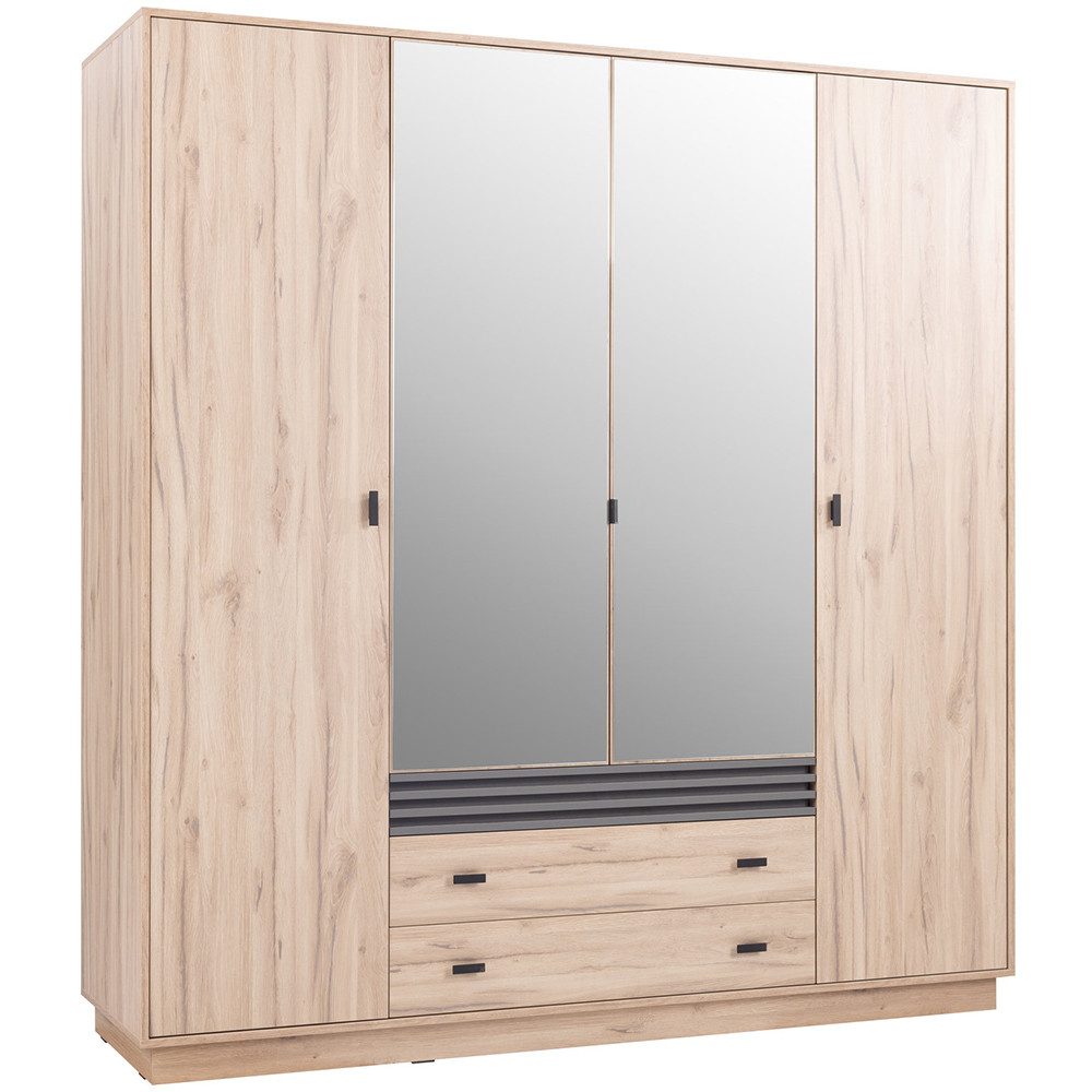 Lomadox Kleiderschrank ANTIGUA-133 Eiche mit Anthrazit, 200 cm breit, 4 Türen, 3 Schubladen, mit Spiegel