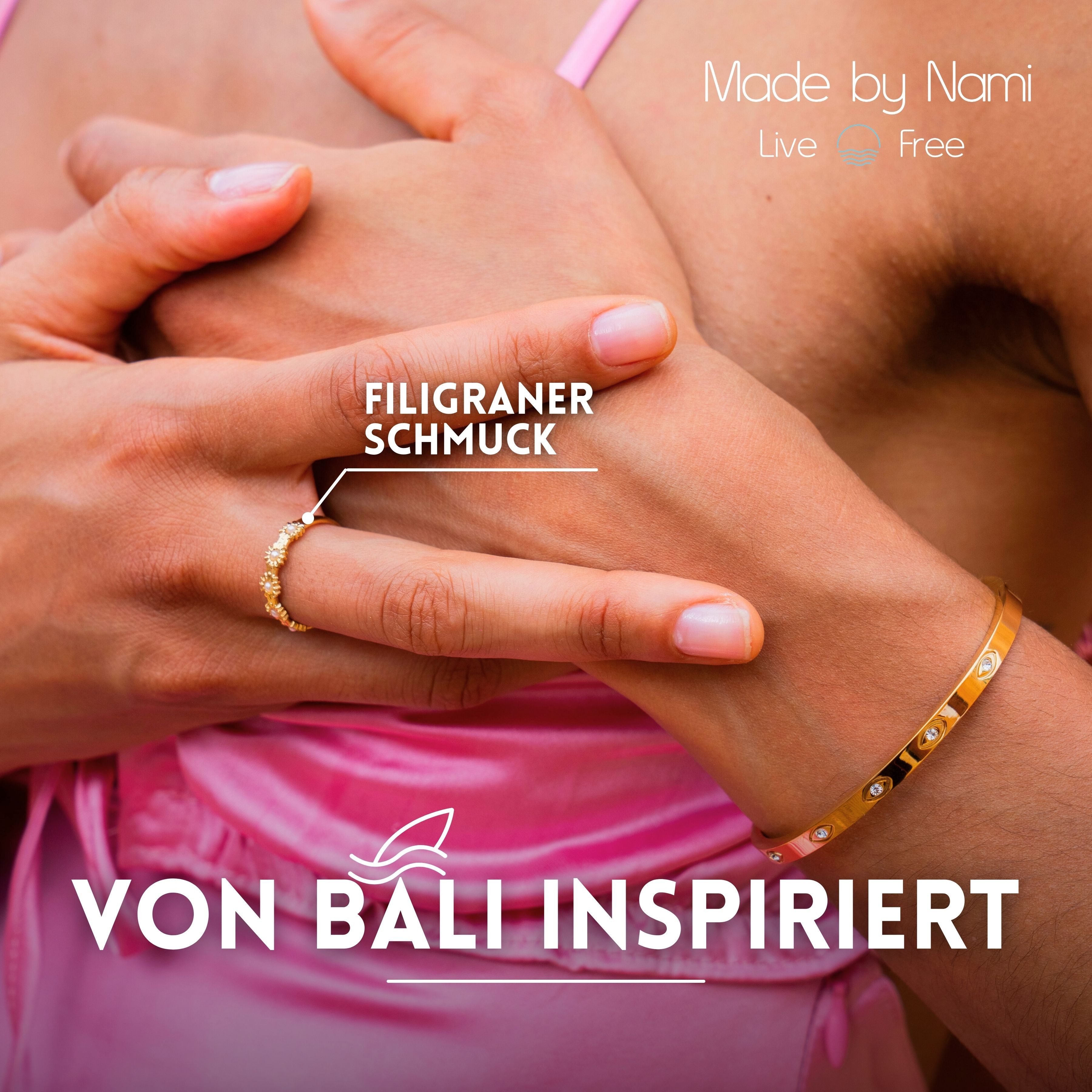 Made by Nami Goldring Boho Damenring gold mit Sonnenmotiv größenverstellbar wasserfest, aus Edelstahl – Boho-Stil – glänzend – filigran – Bild 2 von 5