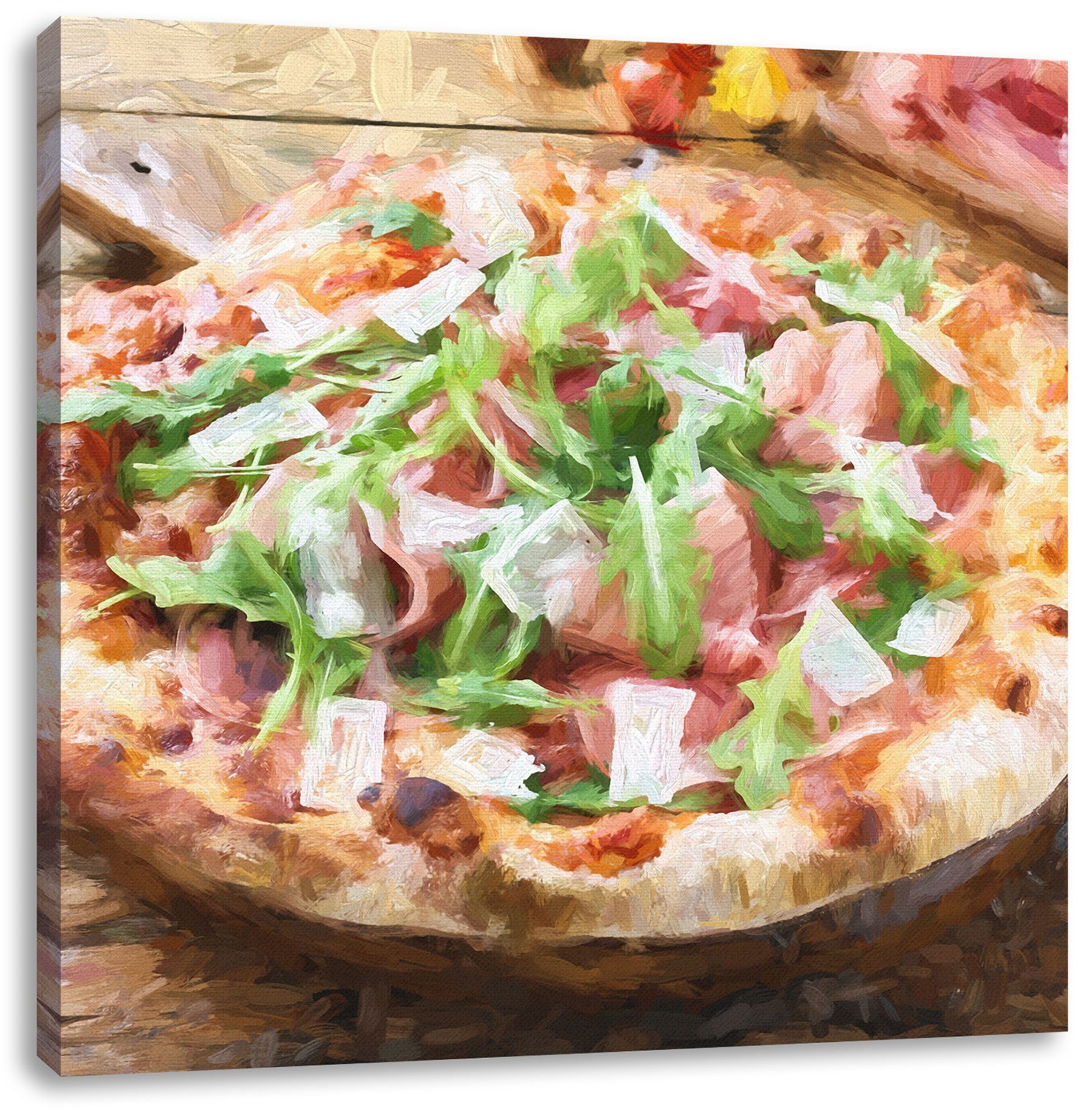 Holztisch bespannt, Pixxprint Pizza auf Prosciutto Leinwandbild inkl. St), Zackenaufhänger auf Pizza fertig Prosciutto Leinwandbild Holztisch, (1