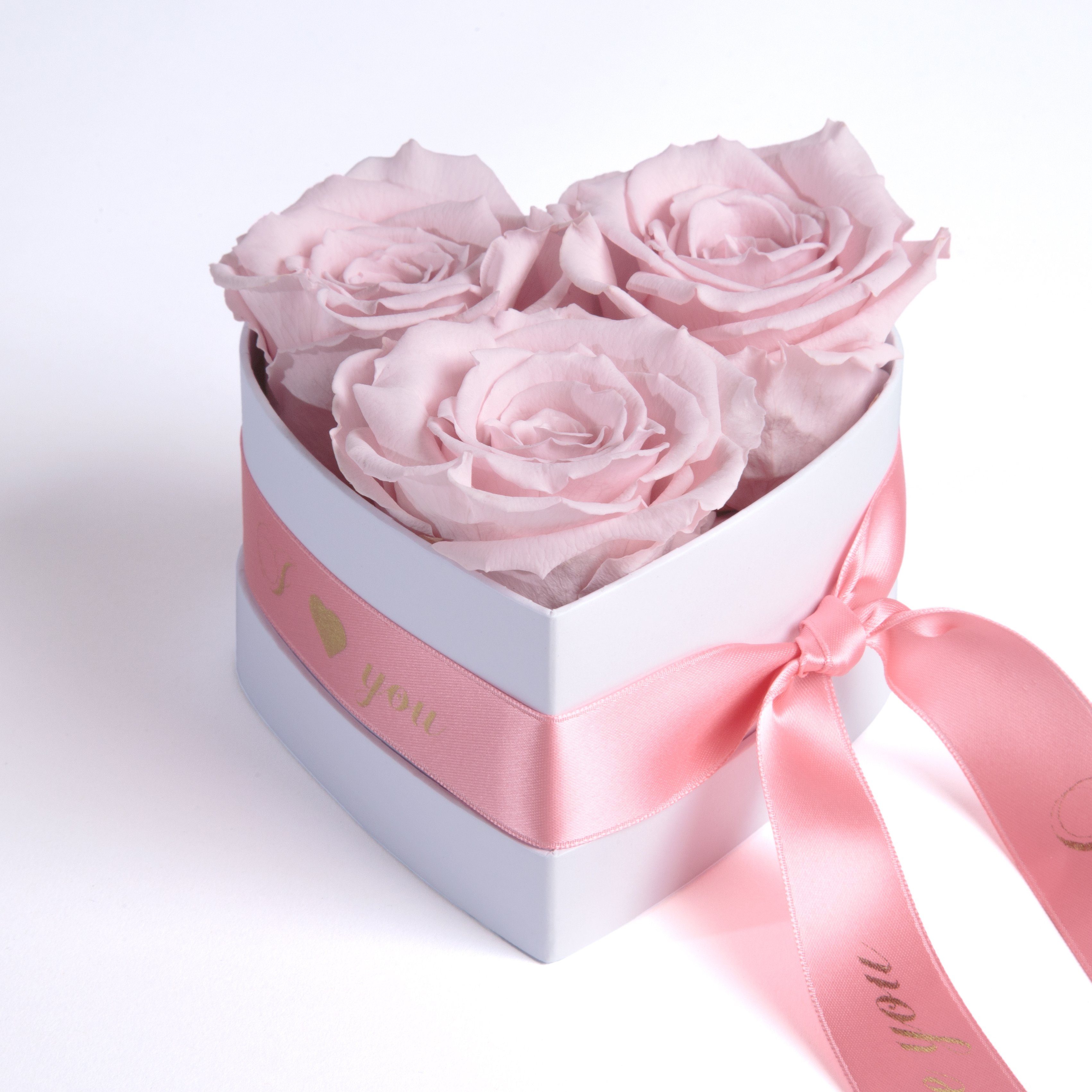 Kunstblume Rosenbox Herz 3 konservierte Infinity Rosen in Box I Love You Rose, ROSEMARIE SCHULZ Heidelberg, Höhe 8.5 cm, Valentinstag Geschenk für Sie Rosa