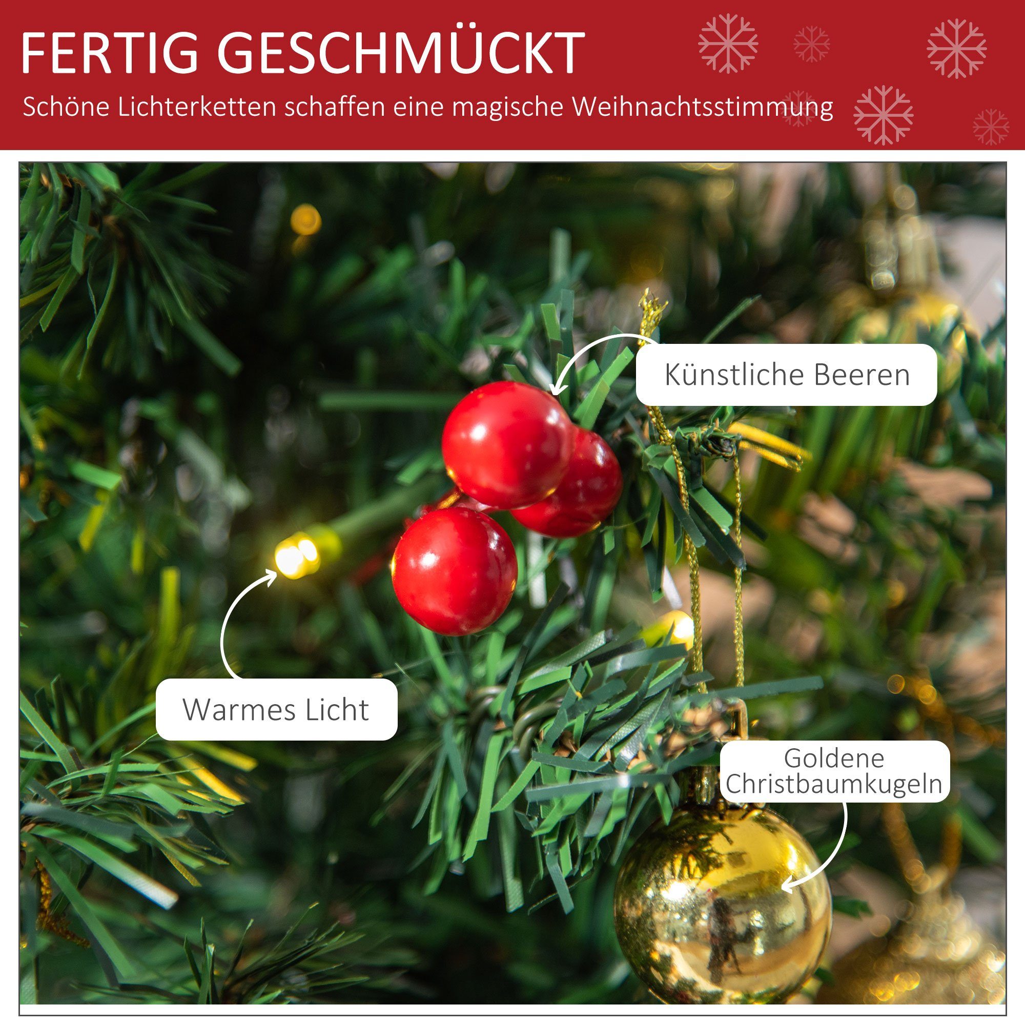 HOMCOM Künstlicher Weihnachtsbaum Mini Weihnachtsbaum mit Weihnachtskugeln, LED-Lichtern, roten Beeren, Tannen, 40 x 60 cm (BxH), grün, rot, gold – Bild 4 von 5