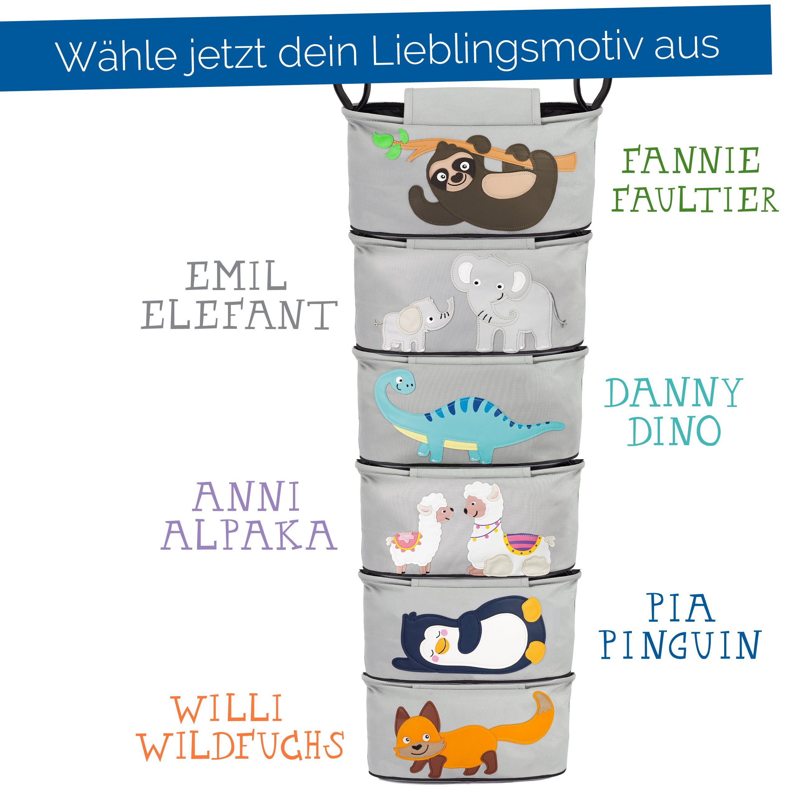 GLÜCKSWOLKE Kinderwagen-Tasche in Grau oder Schwarz I 6 Motive I Kinderwagentasche & Buggy Organizer, Kinderwagen Tasche mit Getränkehalter und Feuchttücherfach