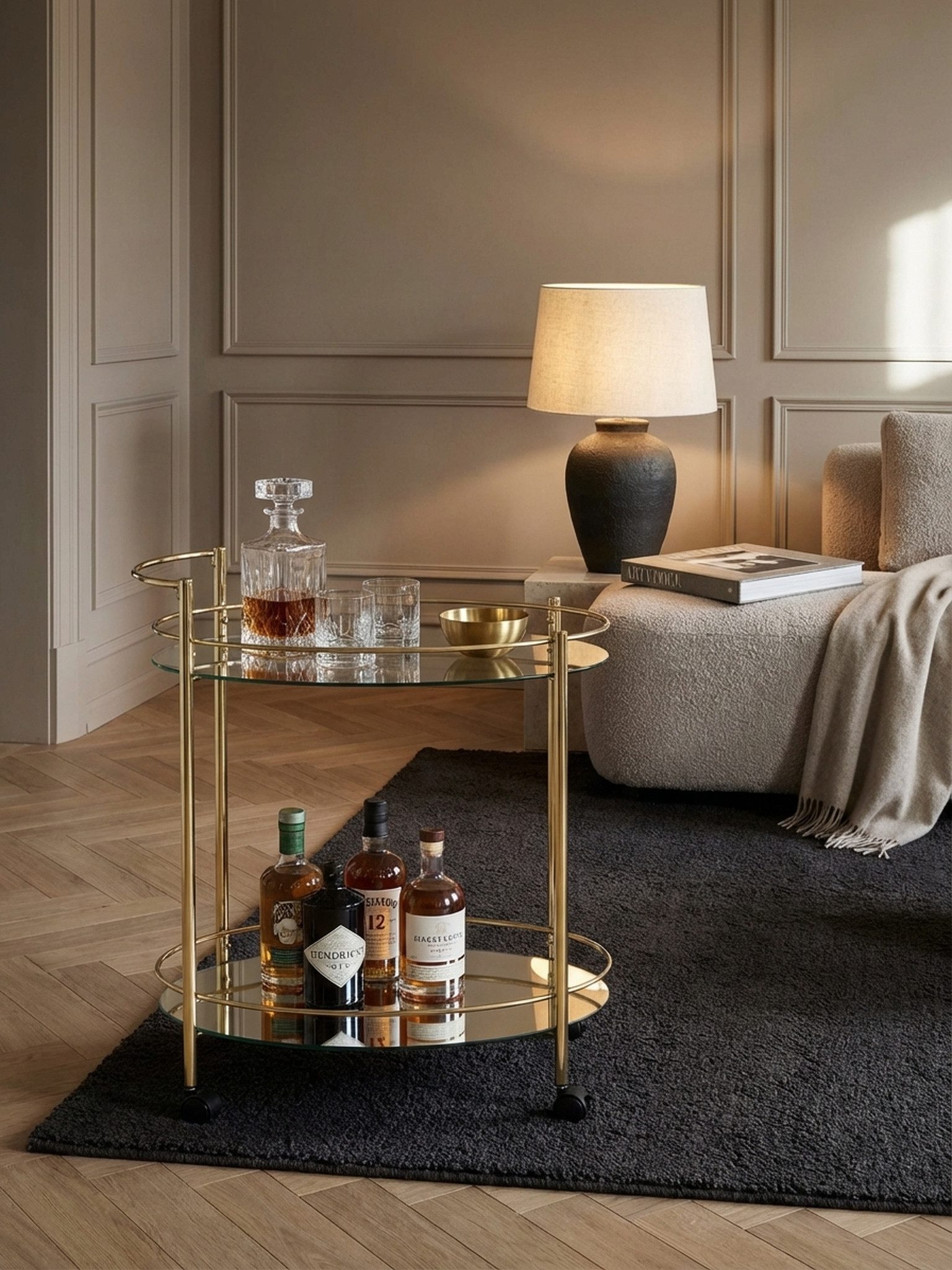 KADIMA DESIGN Servierwagen Design Servierwagen Gold 67x79 cm Mobile Mini Bar, Beistelltisch auf, (Milchglas), Rollen, Speisewagen mit Glasplatte Weiß, Küchenwagen, Teewagen mit