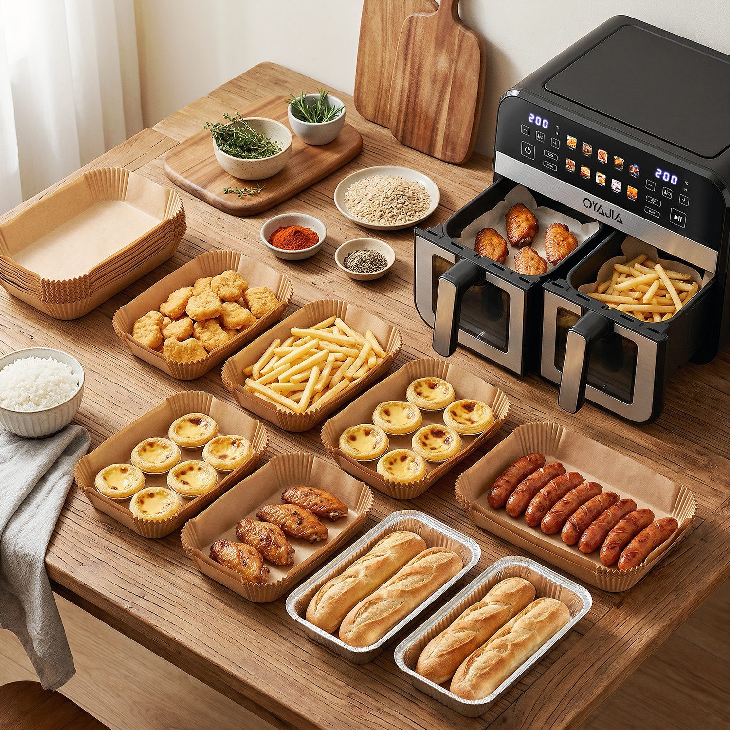 oyajia Heißluftfritteuse 9L Heißluftfritteuse RA930DSV XXL, 2 separat gesteuerte Garkammern, 2800,00 W, Touch Display, Sichtfenster, 8 Automatikprogramme/je 4,5 l pro Korb