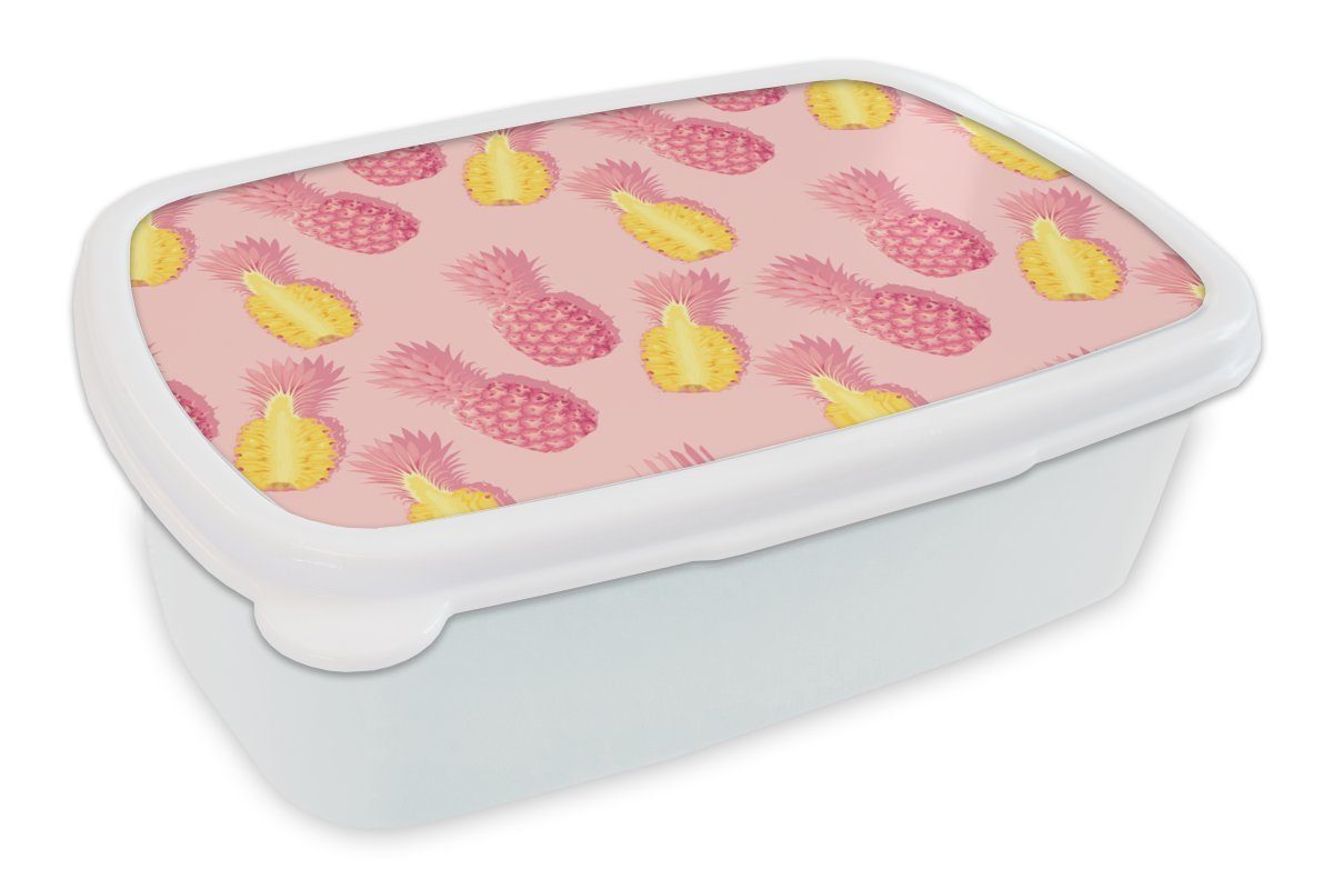MuchoWow Lunchbox Sommer - Ananas - Gelb - Rosa, Kunststoff, (2-tlg), Brotbox für Kinder und Erwachsene, Brotdose, für Jungs und Mädchen weiß