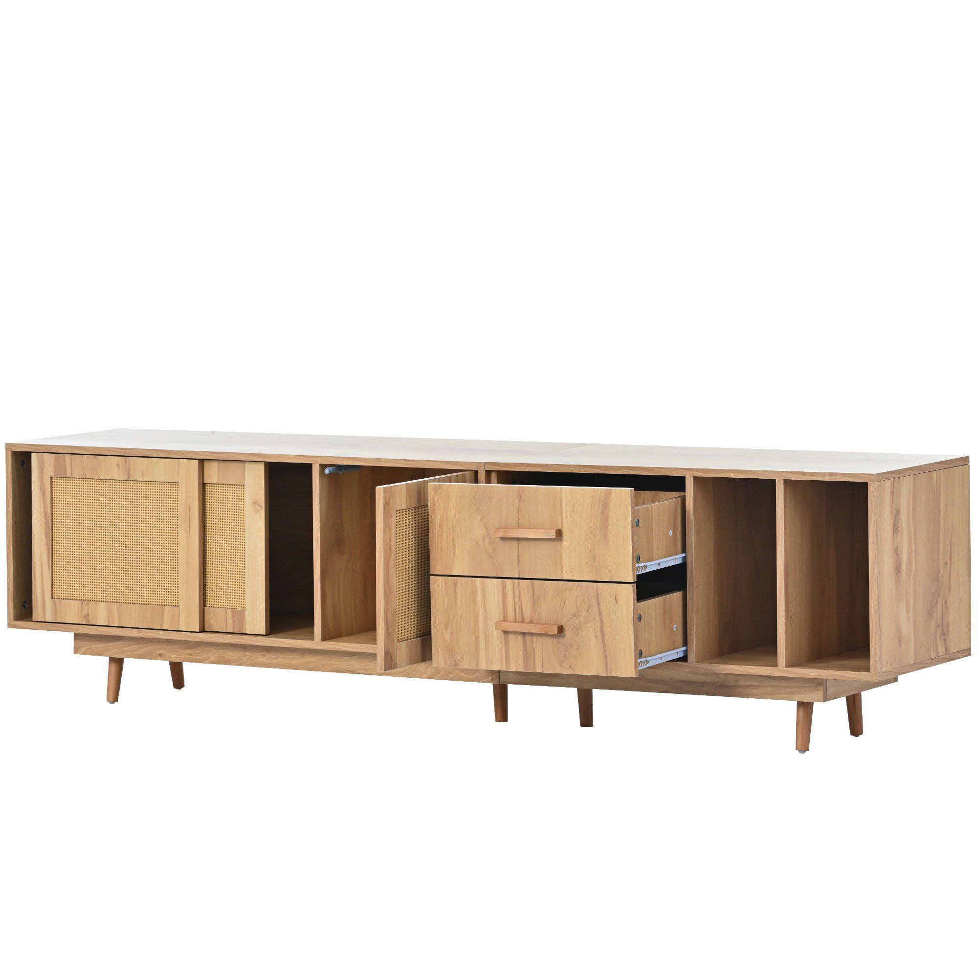 Lowboard (mit 2 Schiebetüren, 1 Türen und 2 Schublade), TV-Schrank Türen aus Rattangeflecht, Massivholzbeine, Breite 190 cm