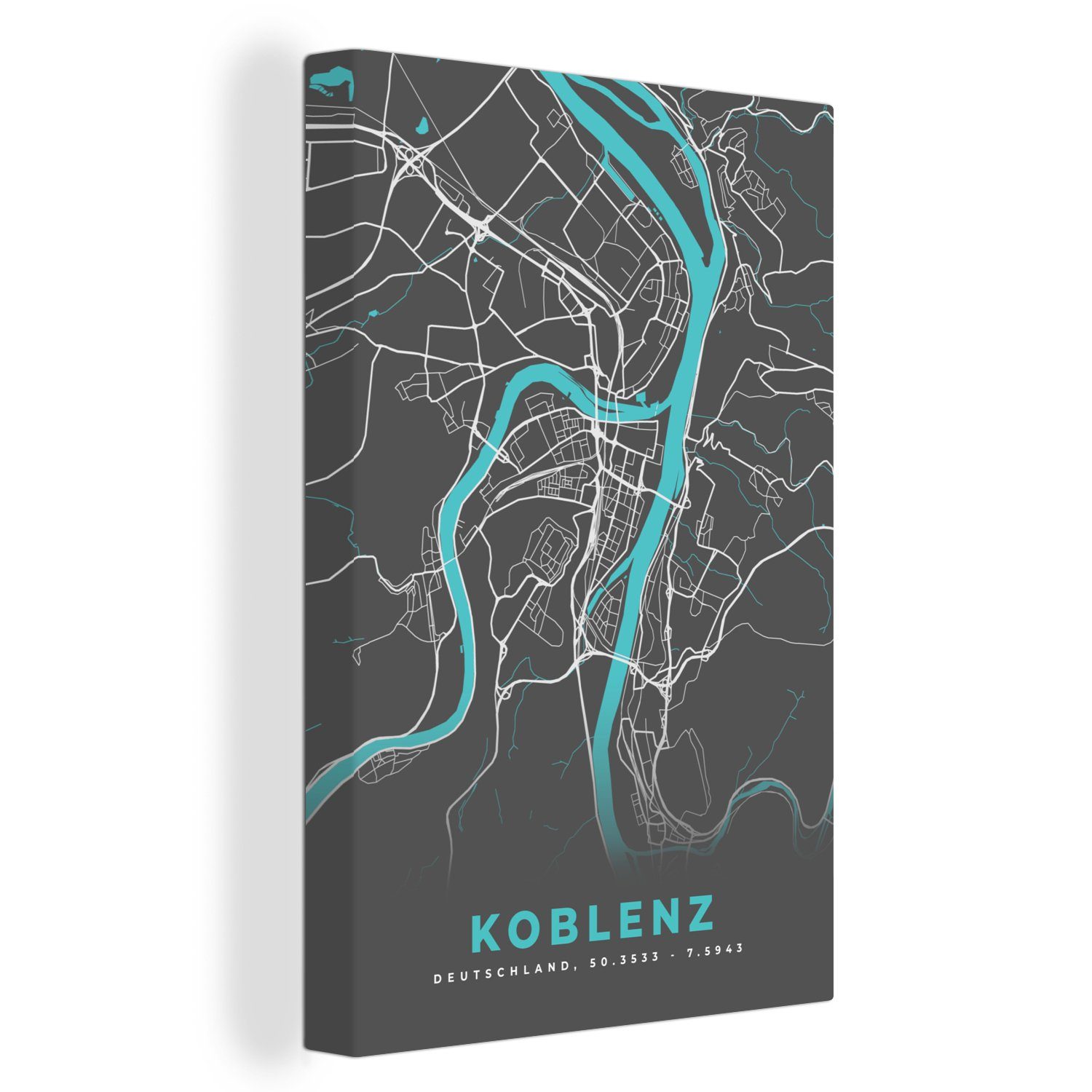 OneMillionCanvasses® Leinwandbild Karte - Koblenz - Blau - Stadtplan - Deutschland, (1 St), Leinwandbild fertig bespannt inkl. Zackenaufhänger, Gemälde, 20x30 cm