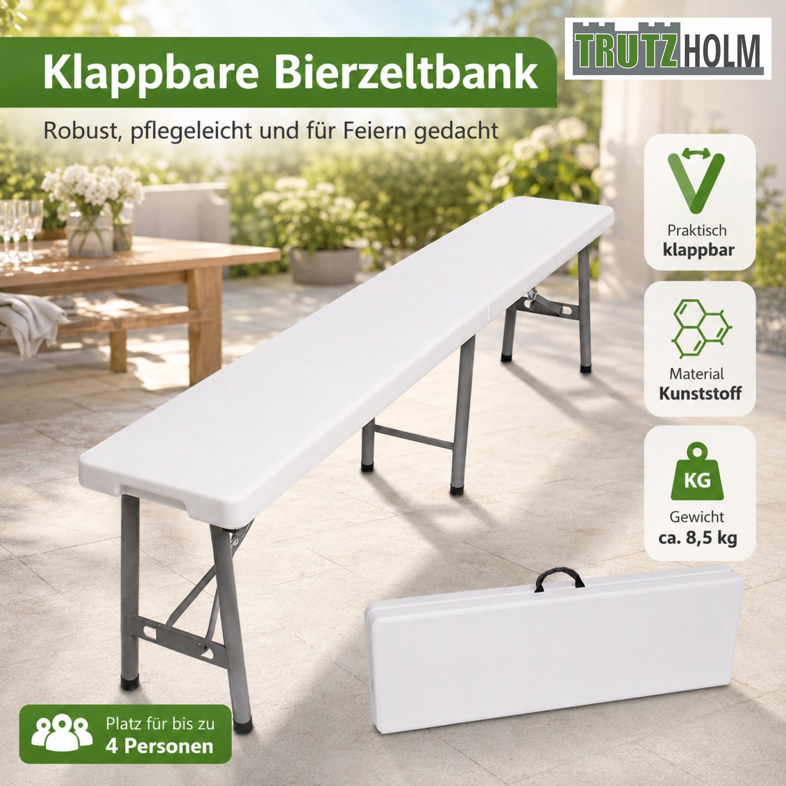 TRUTZHOLM Bierzeltgarnitur Bierzeltbank 4 Personen Kunstoff 180 cm Klappbank Partybank Bierbank, (Einzelbank, 1-tlg), weiß,klappbar
