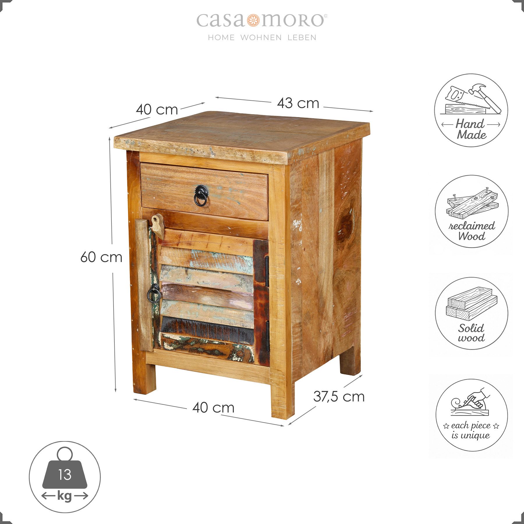Casa Moro Nachtkommode Kommode Massivholz Altholz Nachttisch Vintage Wohnzimmer 43x40x60, mit Schublade, Stauraumfach, handgefertigt, kompakt, Unikat