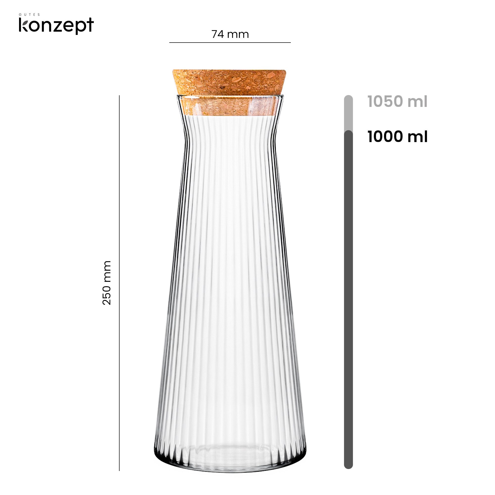 KONZEPT Wasserkaraffe 1 Liter, robustes geriffeltes Glas, BPA-frei, mit Korkverschluss, zum Servieren von Wasser, Wein, Säften sowie als Vase