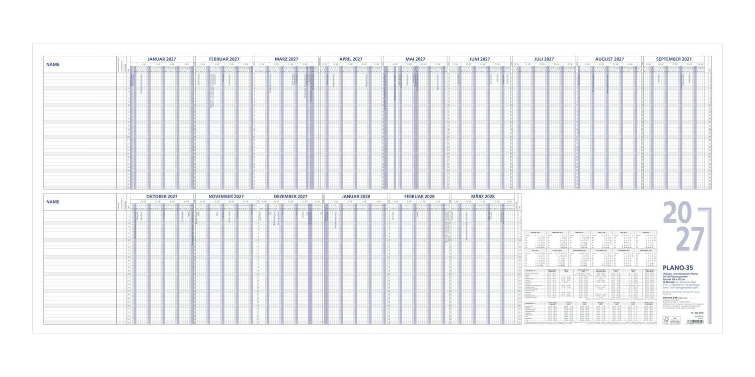Wandkalender Urlaubsplaner 15 Mon 2027