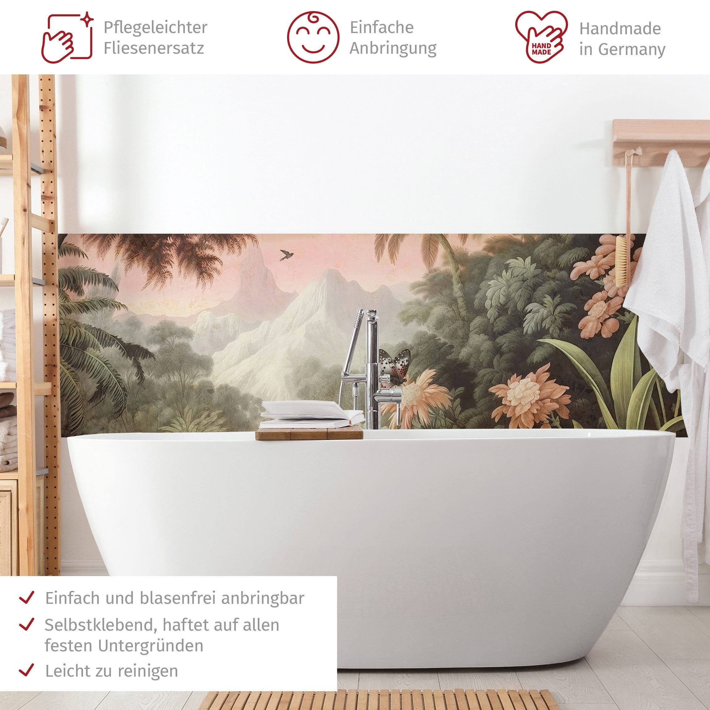 Bilderdepot24 Badrückwand grün fugenlose Wandverkleidung Bad Tropisch, (Hartfolie matt » Selbstklebend SMART 0,35 mm), wasserfestes Wandpaneel Antiker Dschungel rosa Blüten