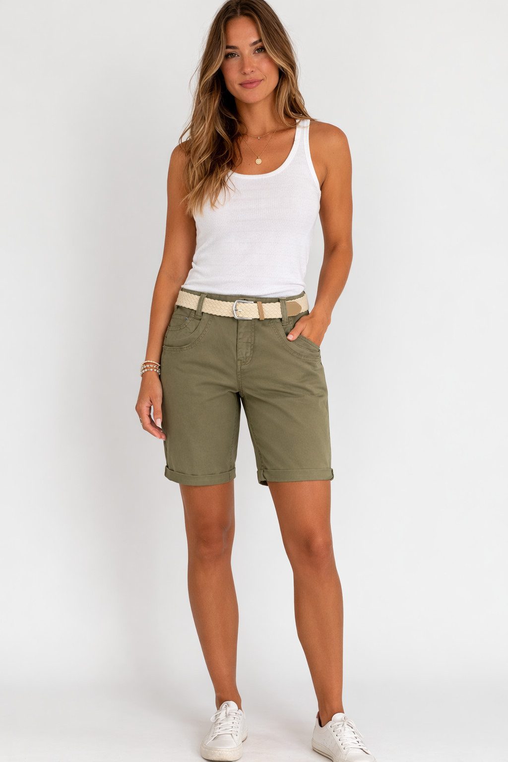 SUBLEVEL Bermudas Damen Short Bermuda kurze Hose Sommer Chino Short Stoff Hose Gürtel