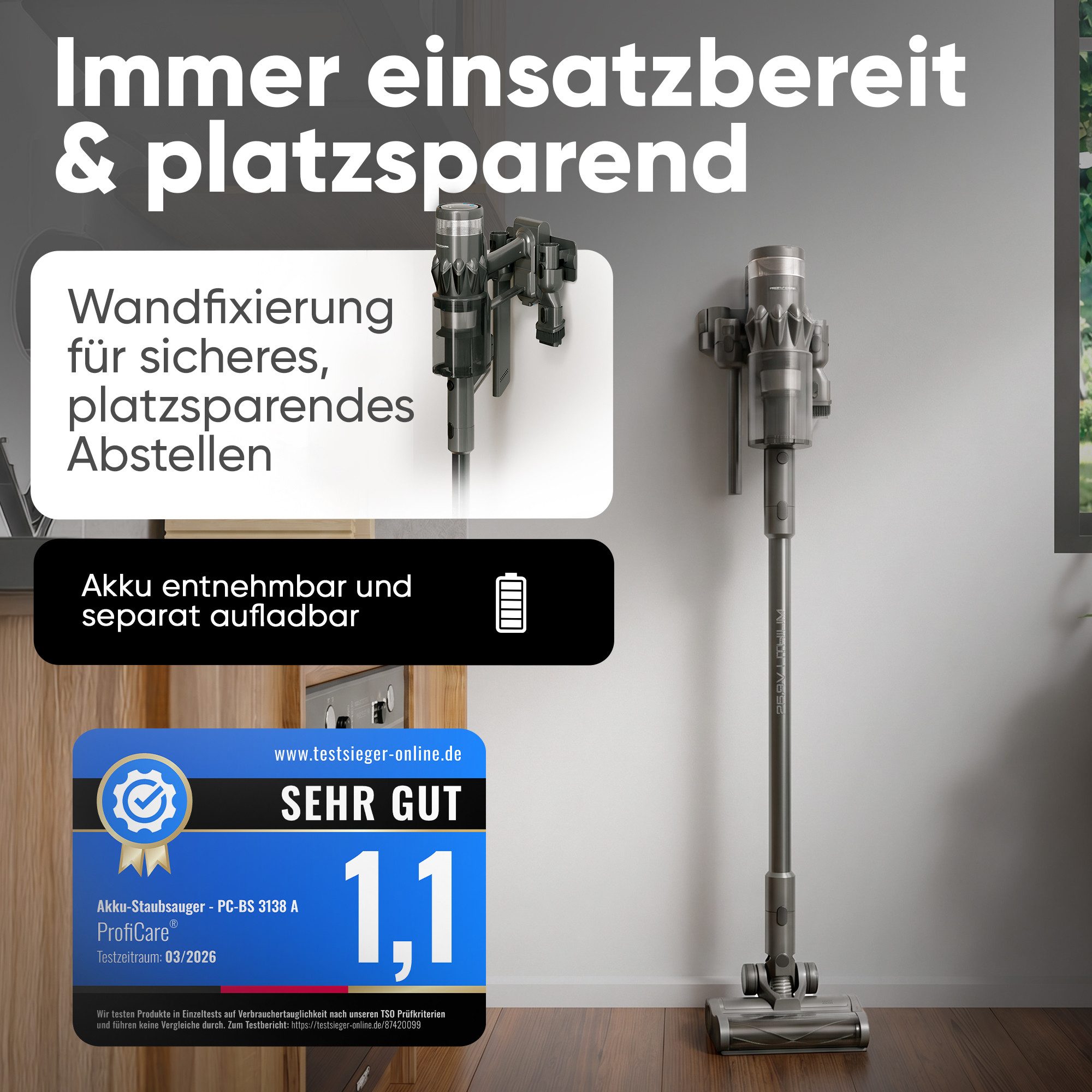ProfiCare Akku-Bodenstaubsauger PC-BS 3138 A, Akku Staubsauger, 500W Motor, Staubsauger kabellos