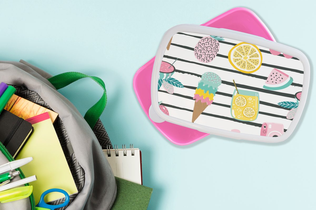 Streifen, MuchoWow Kinder, für Brotdose Lunchbox Kunststoff Snackbox, Erwachsene, - Brotbox (2-tlg), Mädchen, - Elemente rosa Kunststoff, Sommer