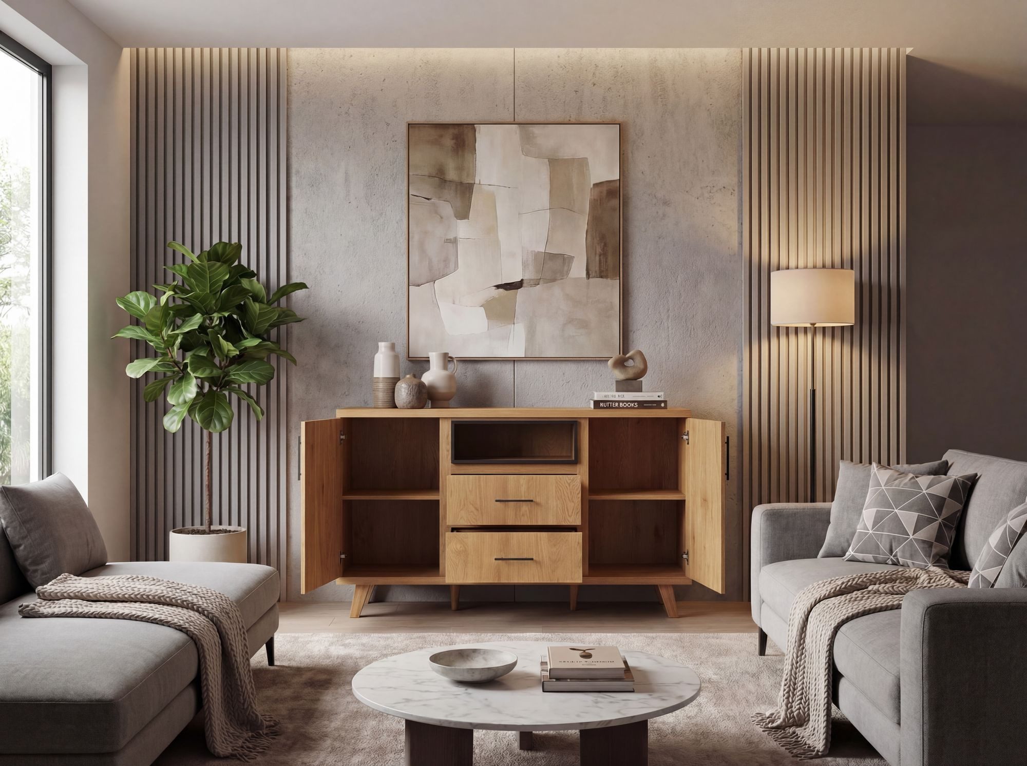 FINEBUY Sideboard FB117895 Kommode Eiche Dekor 150cm Standschrank Anrichte Flurschrank (Breites Aufbewahrungsmöbel für deine Utensilien), Heller Schrank mit viel Stauraum