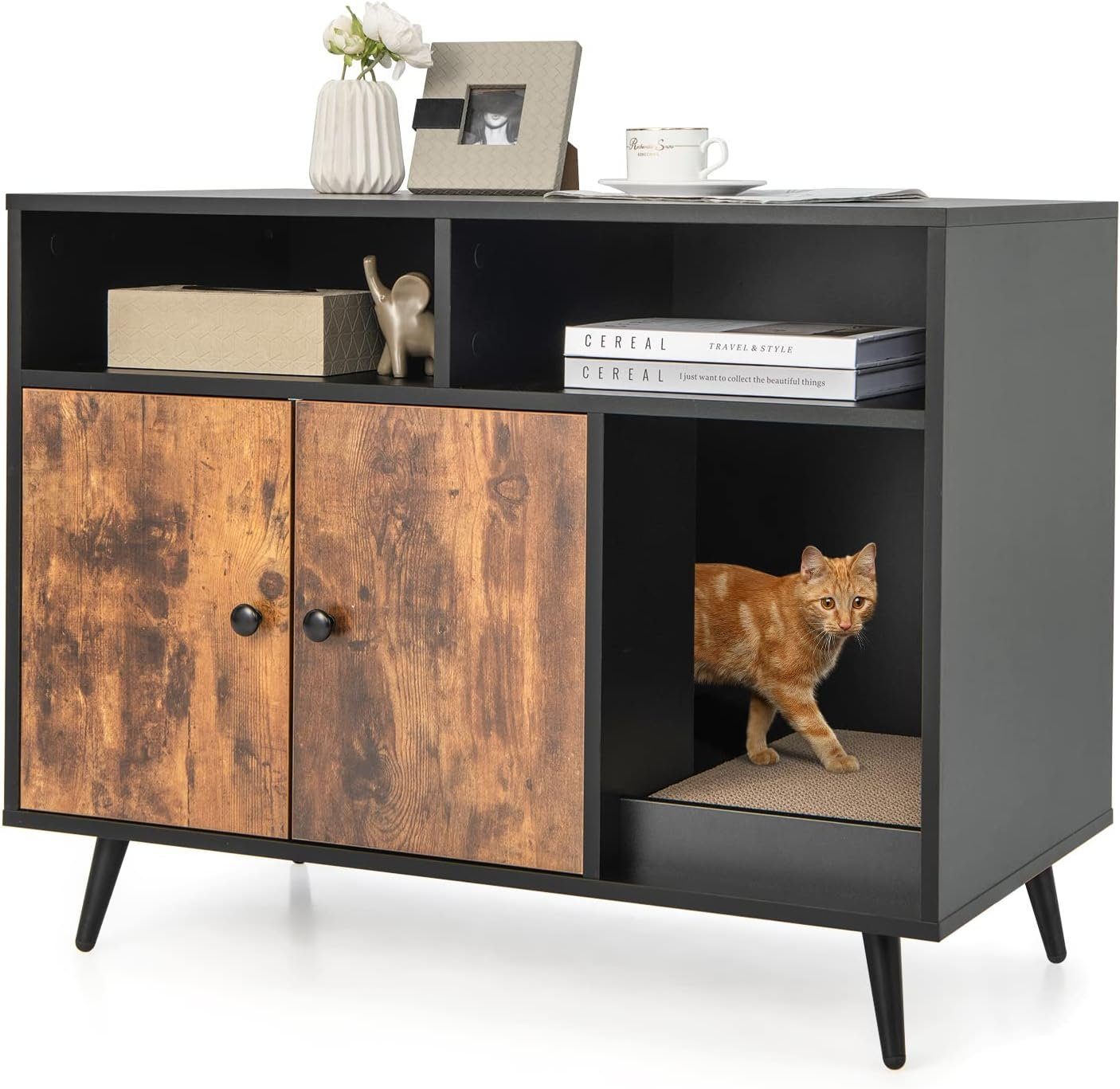 KOMFOTTEU Tierhaus 2 in 1 Katzenschrank, mit Doppeltüren, 90 x 50 x 70 cm von KOMFOTTEU