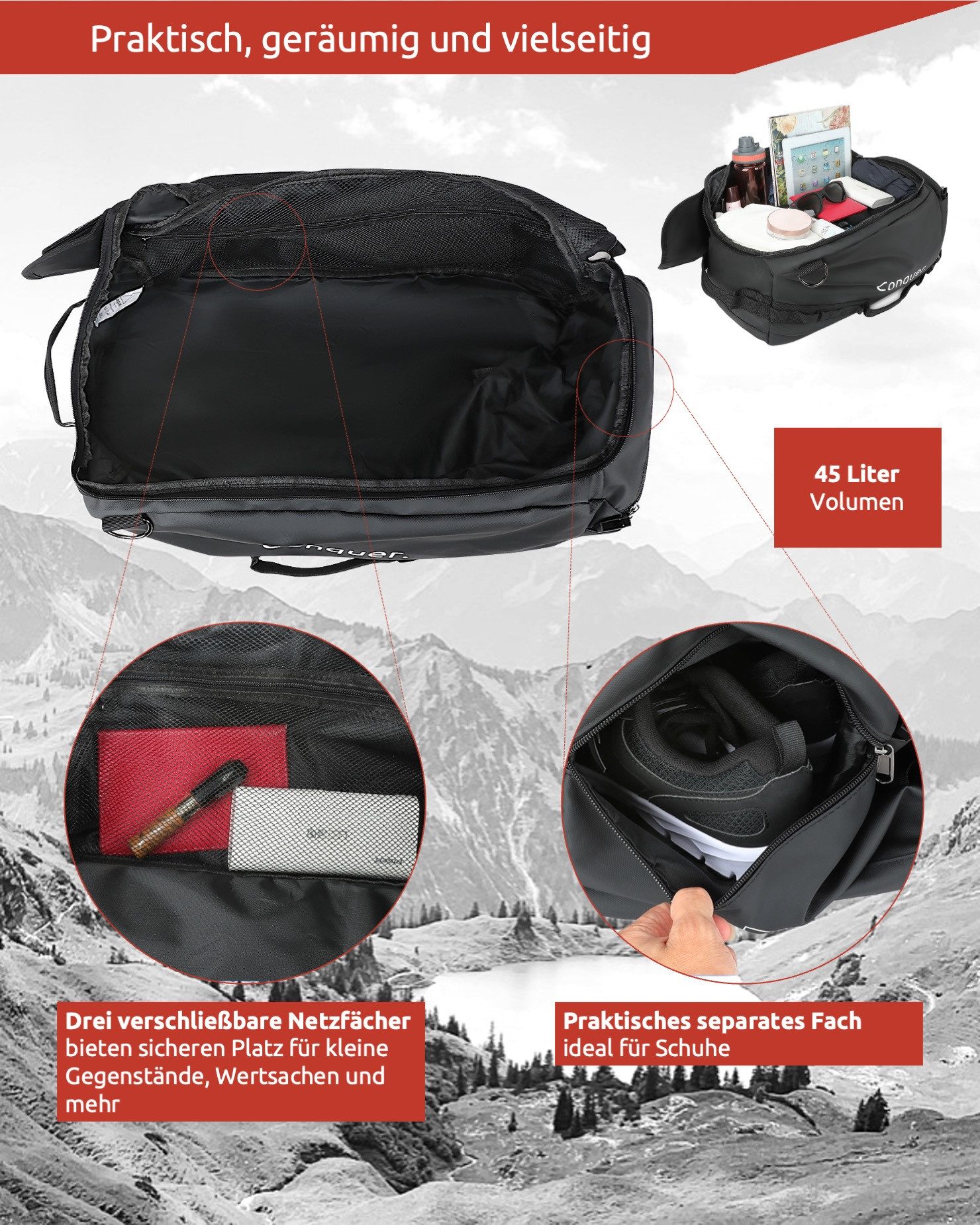 Conquer. Reisetasche Wasserfeste Reisetasche Duffle Bag 45 L, robuste Base-Camp-Tasche (1-tlg), Abnehmbare Schultergurte