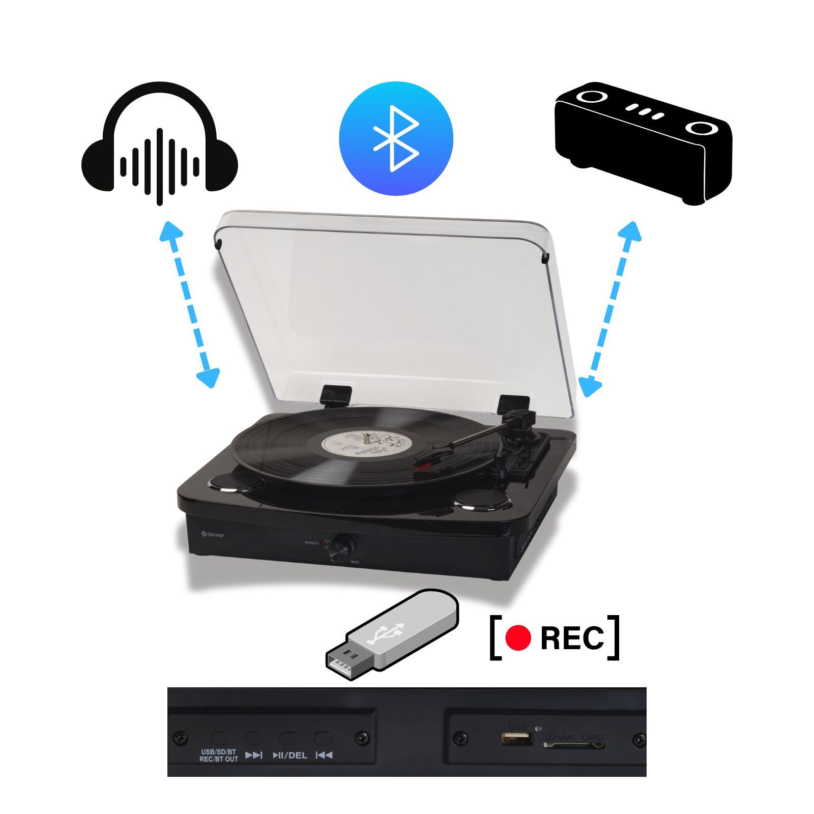 Denver VPL-230 Програвачі Bluetooth-Senden & -Empfang, USB & Lautsprecher Multifunktionsspieler (Retro Vinyl, USB/SD MP3 Aufnahme, integrierte Lautsprecher, Dual BT)