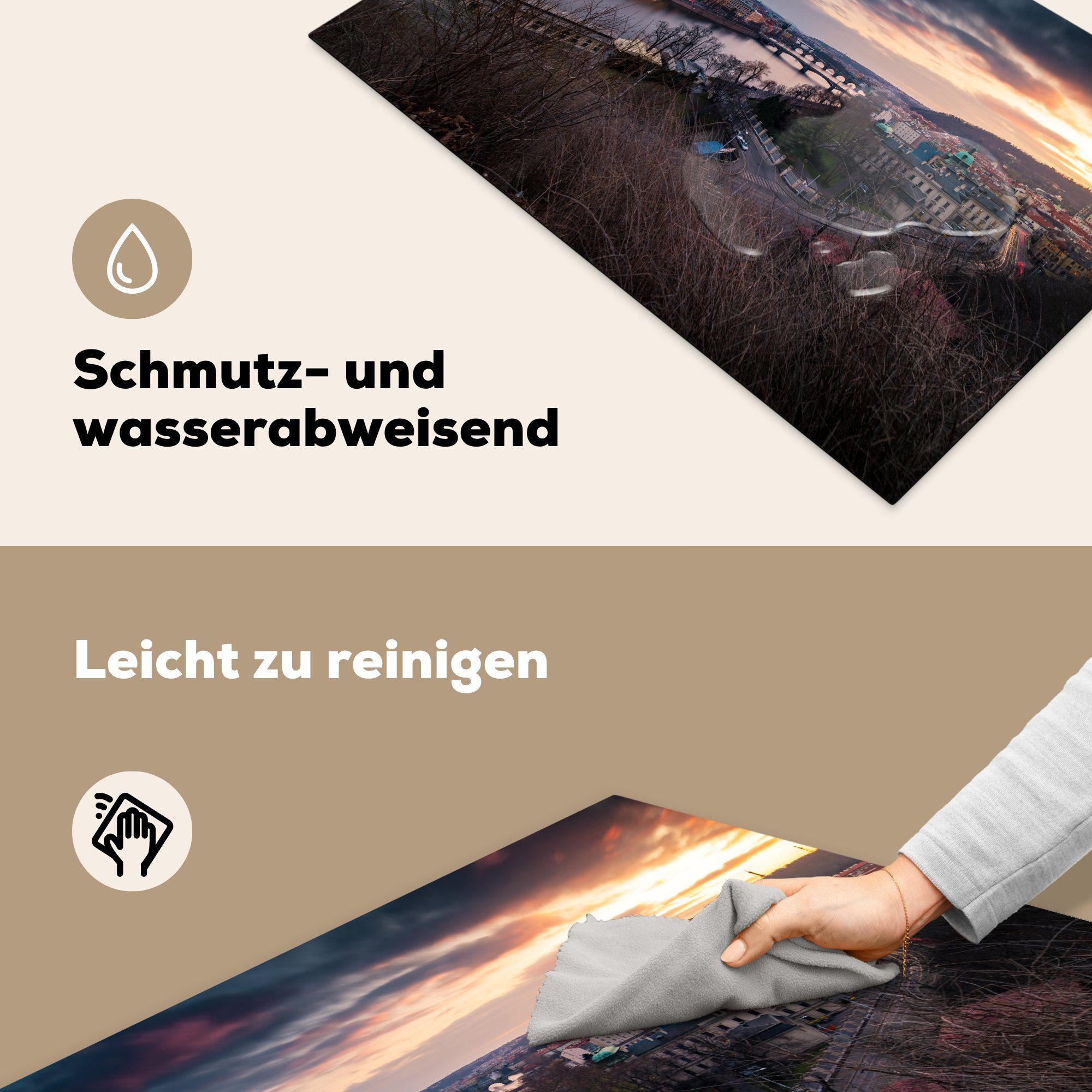 Prag, Schutz Vinyl, Induktionskochfeld küche, tlg), Ceranfeldabdeckung des MuchoWow an Luftaufnahme cm, in der Moldau die Herdblende-/Abdeckplatte (1 81x52 für Sonnenuntergangs