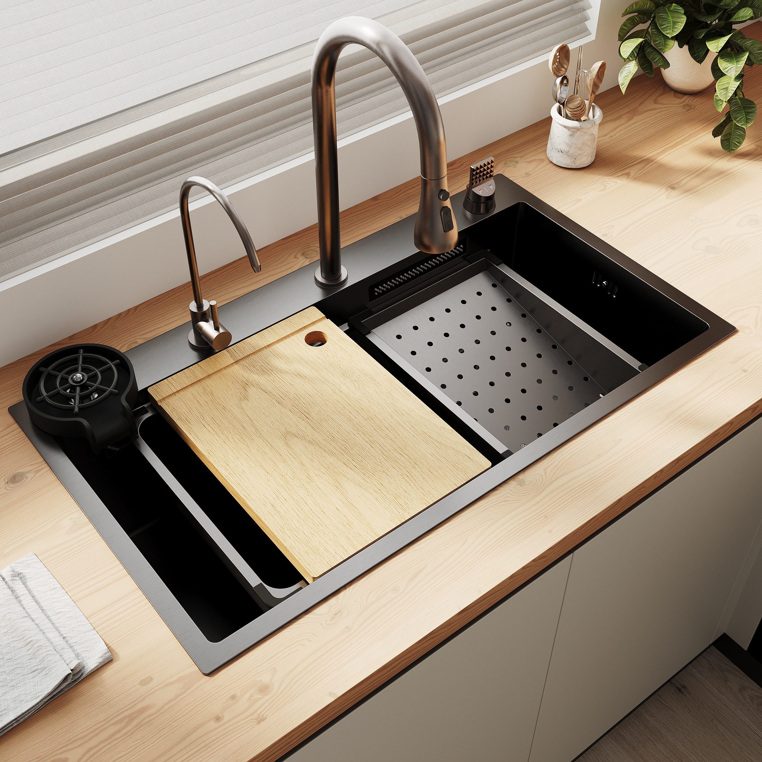 SONNI Küchenspüle Küchenspüle aus Edelstahl, Einbauspüle mit Wasserfall und Armatur, 75/24.5 cm, Spülbecken schwarz, Integriertes intelligentes Wasserhahn-System