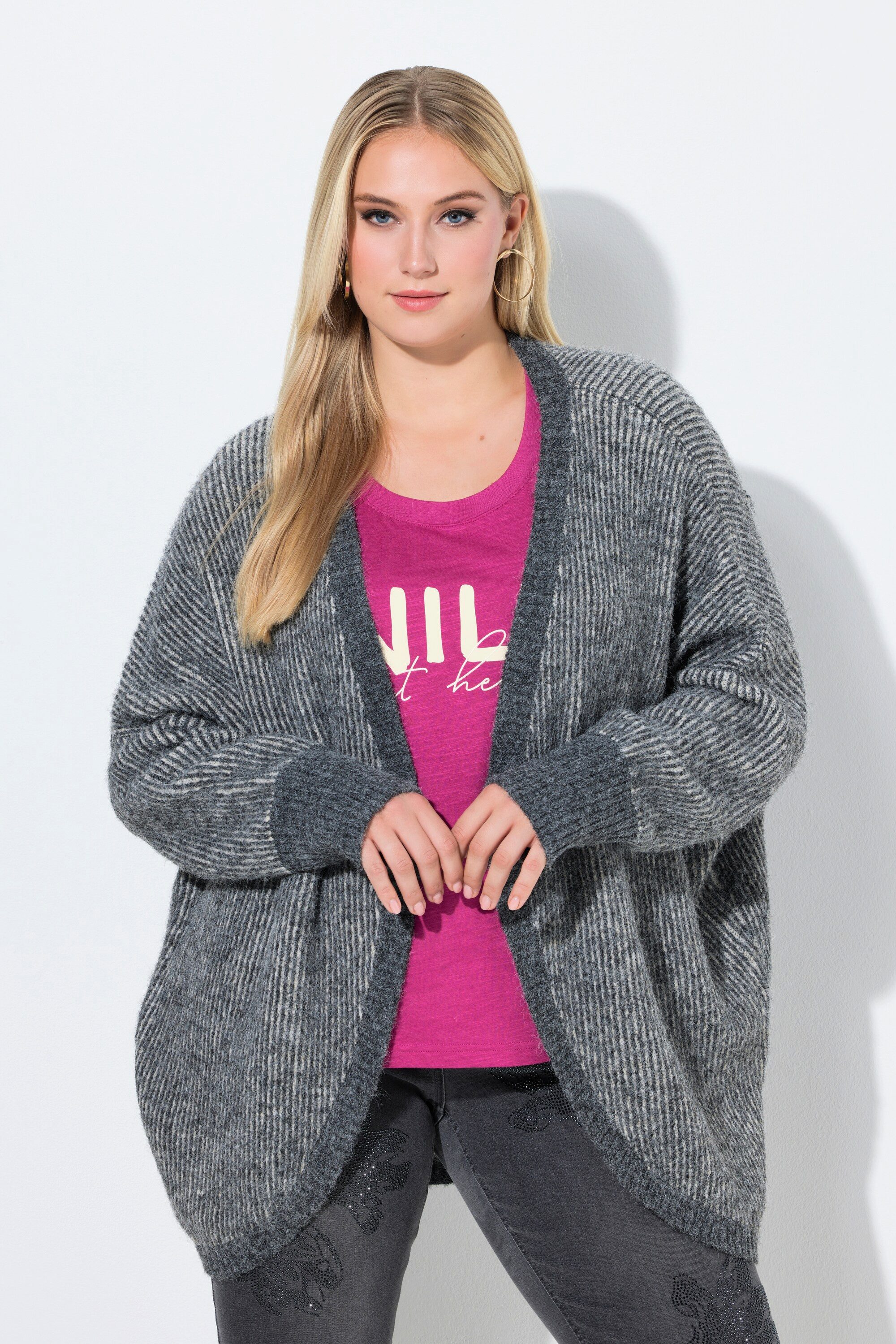 Ulla Popken Strickjacke Strickjacke Egg-Shape offene Form Langarm recycelt günstig online kaufen