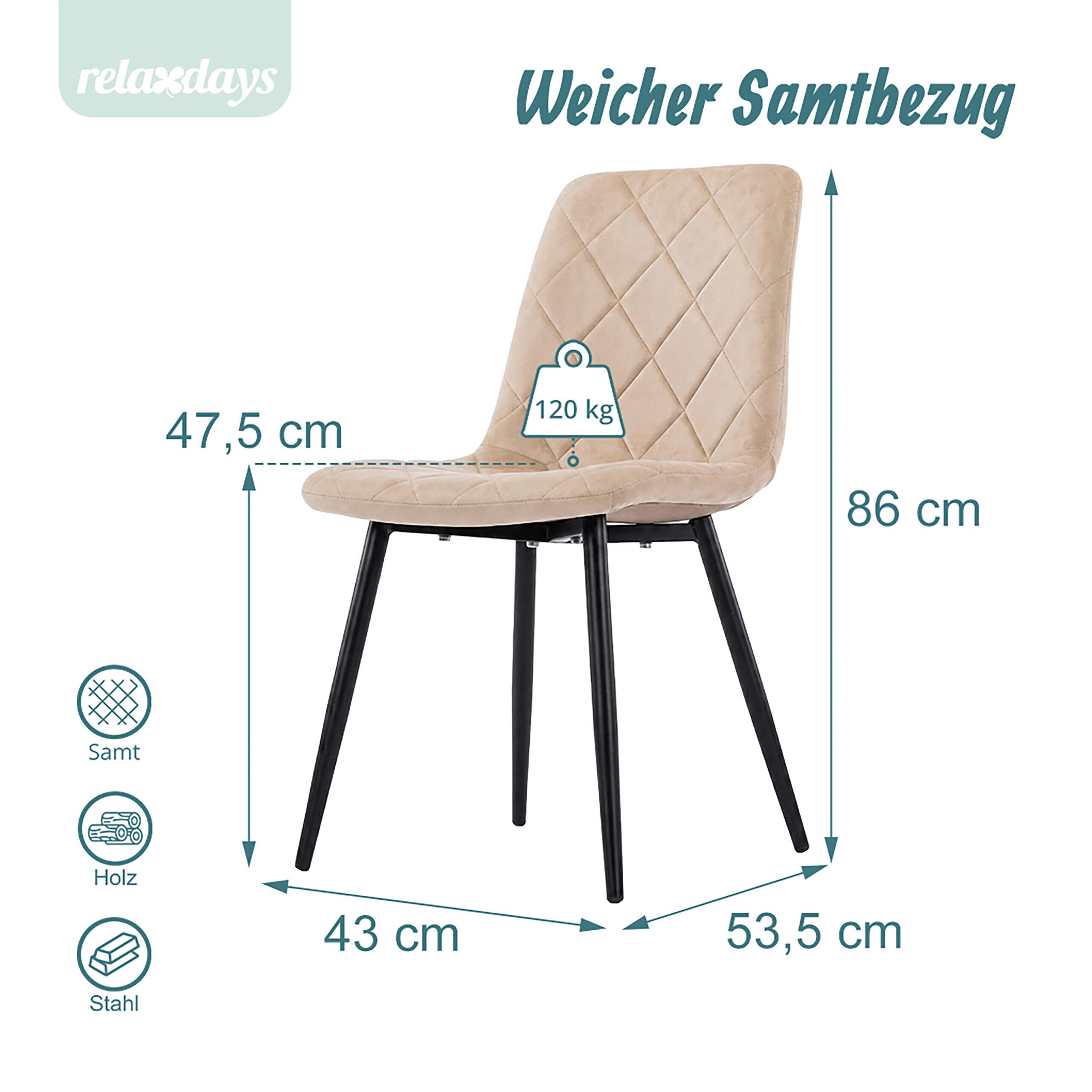 relaxdays Esszimmerstuhl Samt Esszimmerstuhl Set (4 St), Beige, 4er-Pack – Bild 4 von 5