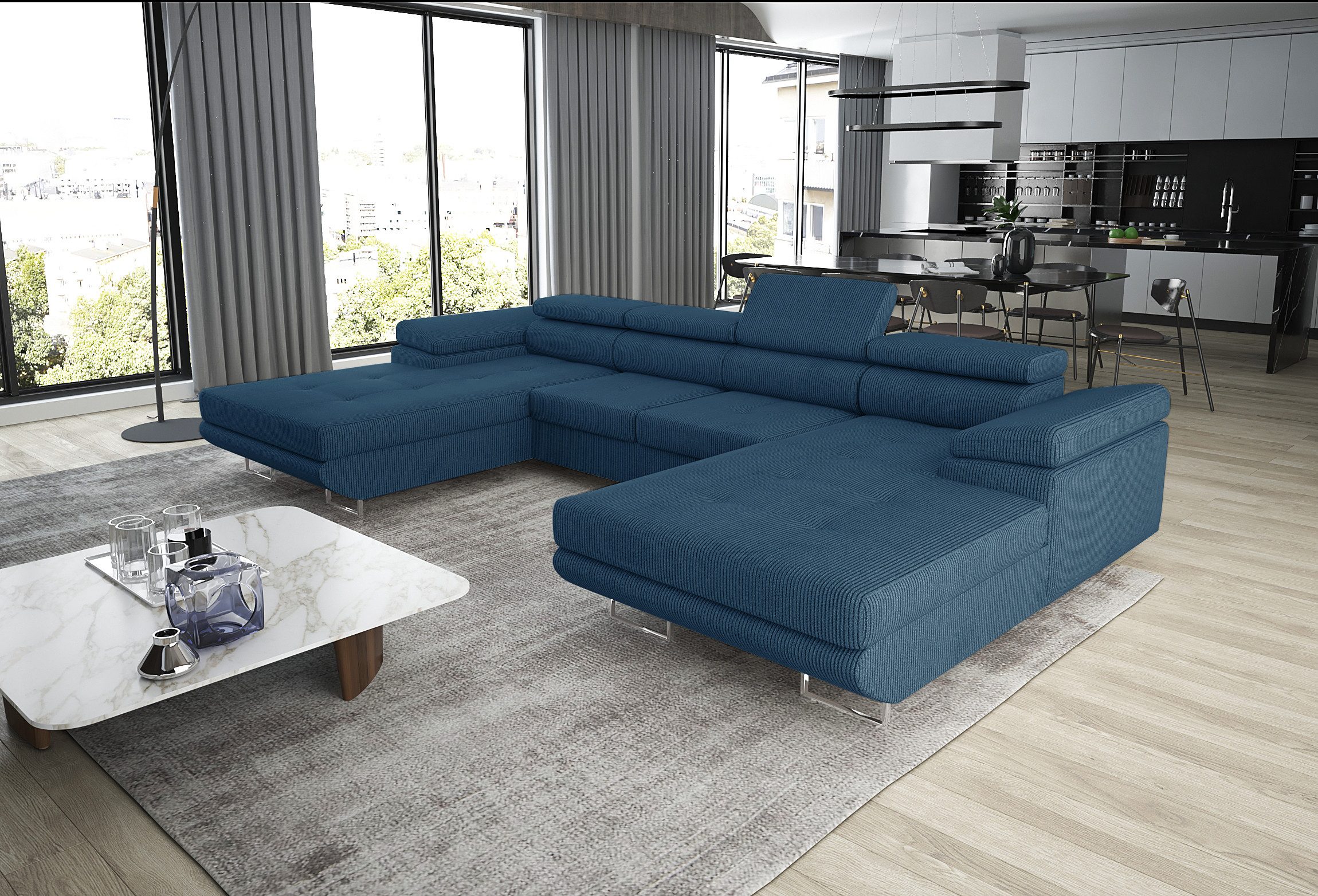 thematys Ecksofa ALVARO U 355 x 162cm mit Schlaffunktion & Bettkasten –, U-Sofa mit 4 verstellbaren Kopfstützen, Samt (Monolotith), oder Cord (Poso) - U-Form, XL-Wohnlandschaft, 355 cm breit