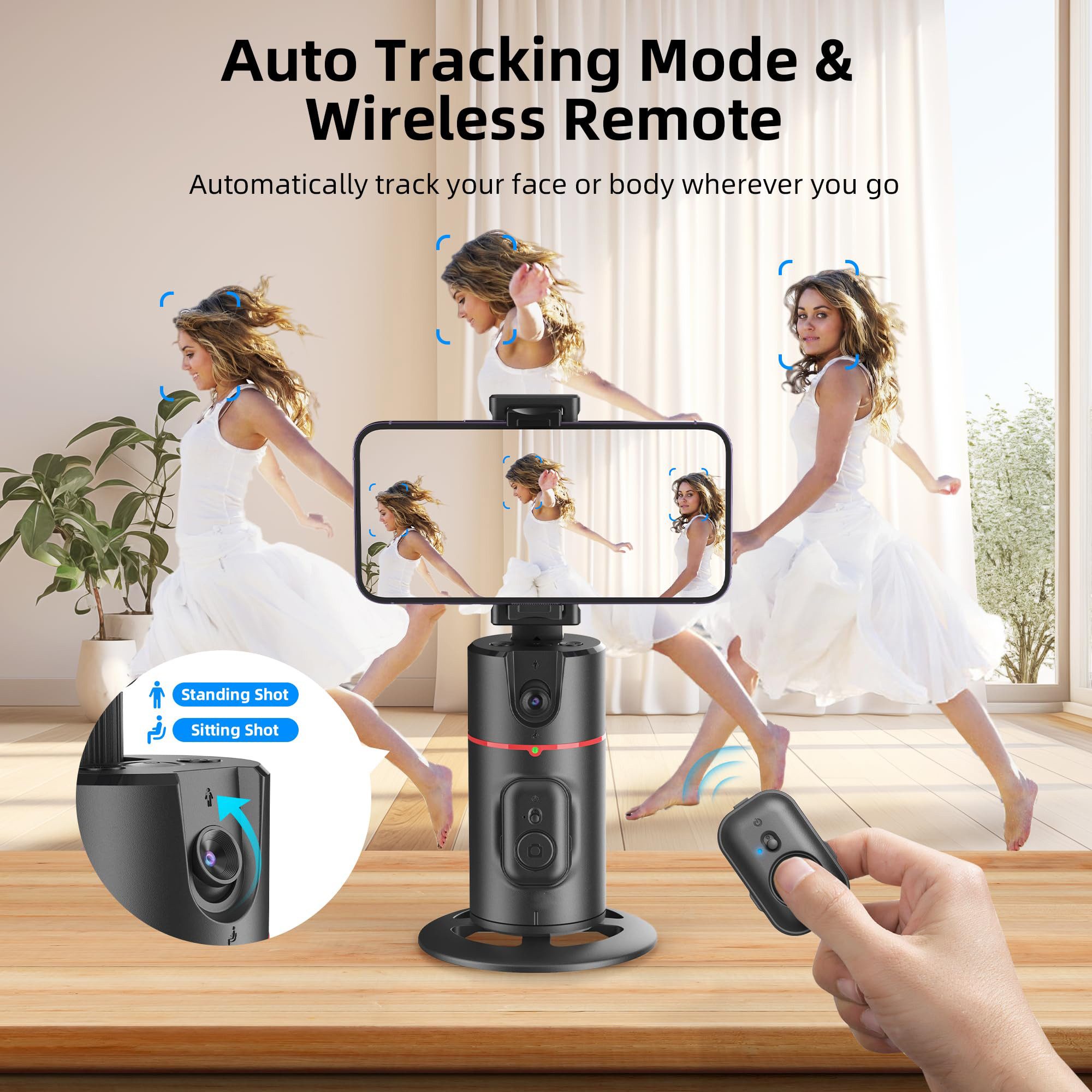 MOPUEA Automatisches Gesichtserkennungs-Stativ 360° Drehbare Gestensteuerung Selfiestick (360° Tracking Gestensteuerung Appfrei Akku Fernbedienung)