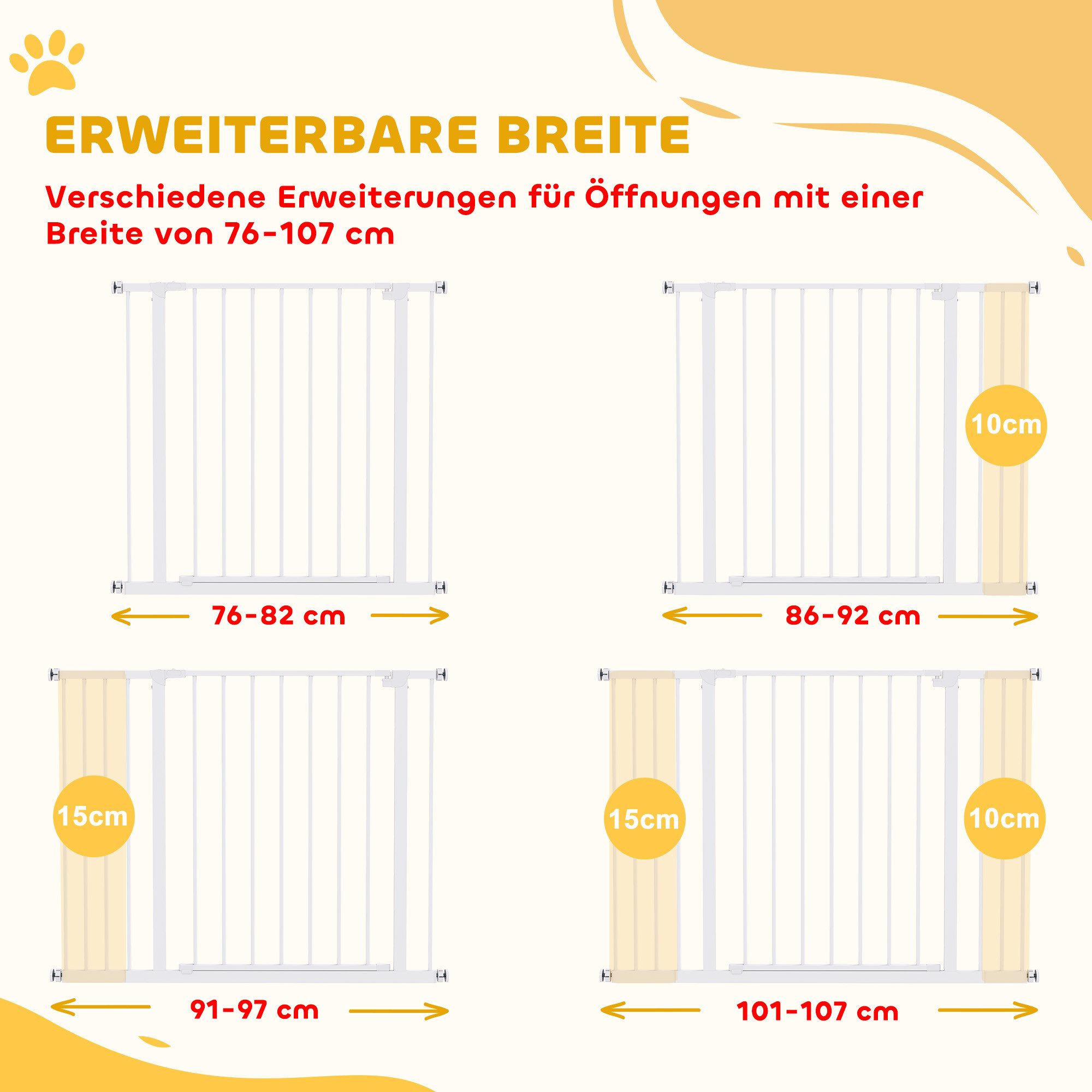 PawHut Hundegitter Türschutzgitter mit 10/15 cm Verlängerung Türgitter ohne Bohren (Hunde Treppenschutzgitter, 1 St., Schutzgitter für Haustier), Metall, Weiß 7 – Bild 4 von 5