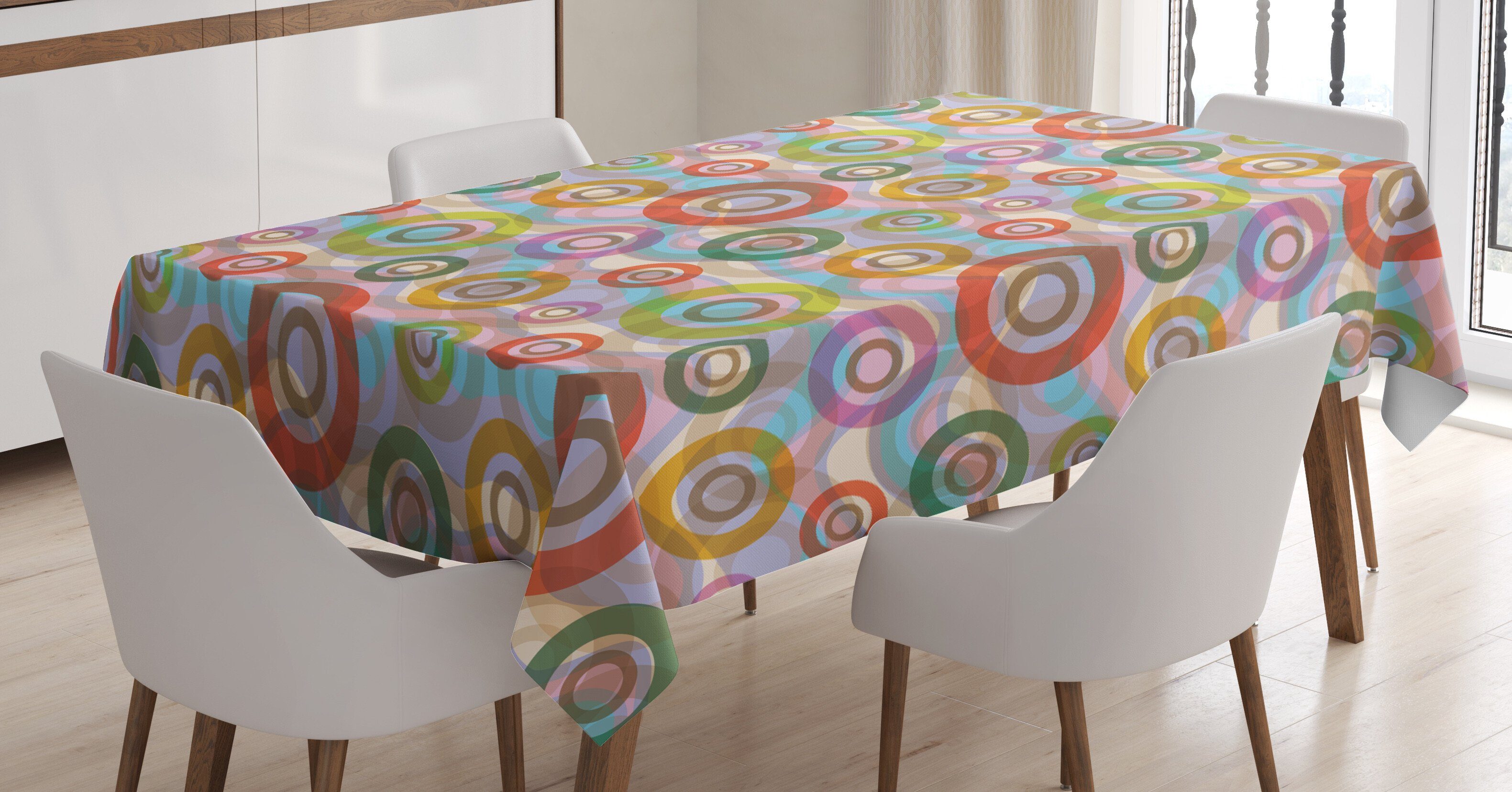 Abakuhaus Tischdecke Farbfest Waschbar Für den Außen Bereich geeignet Klare Farben, Retro Hippie Bunte Kreise