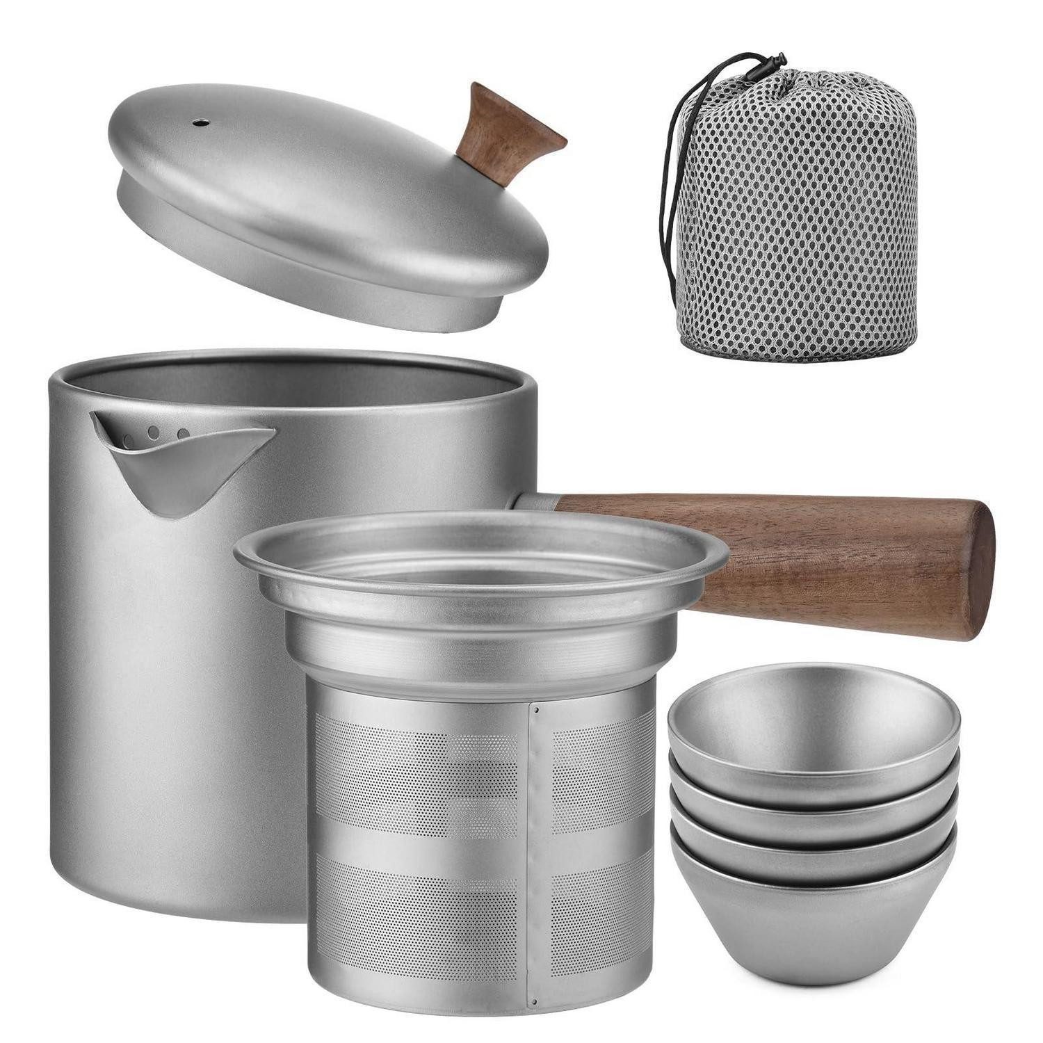 LuxusKollektion Teekanne Teekannen Set mit 4 Tassen & Filter 580ml Holzgriff, (1-St)