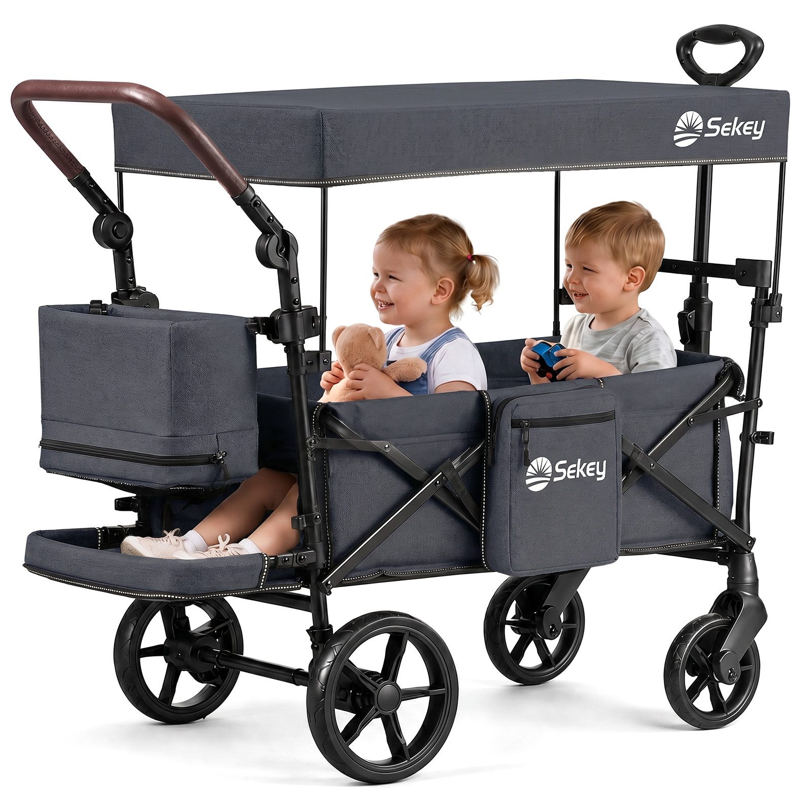 Sekey Bollerwagen Faltbar mit Dach, Kinder Bollerwagen mit XXL-Rädern (24/20 cm), Komfort für 1–2 Kinder – Federung, Kugellager & Zieh-/Schiebgriff