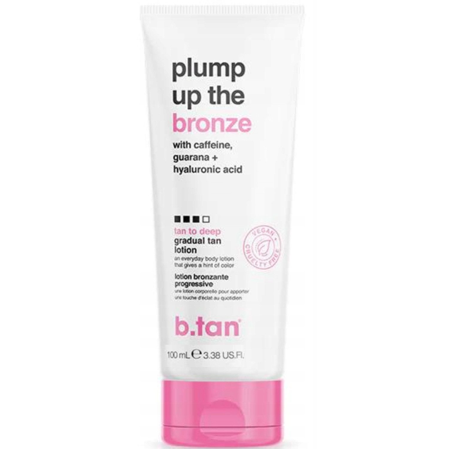 b.tan Selbstbräunungslotion b.tan Plump Up The Bronze Bräunungslotion mit Glow 100 ml, Mit Koffein und Guarana sowie feuchtigkeitsspendender Hyaluronsäure